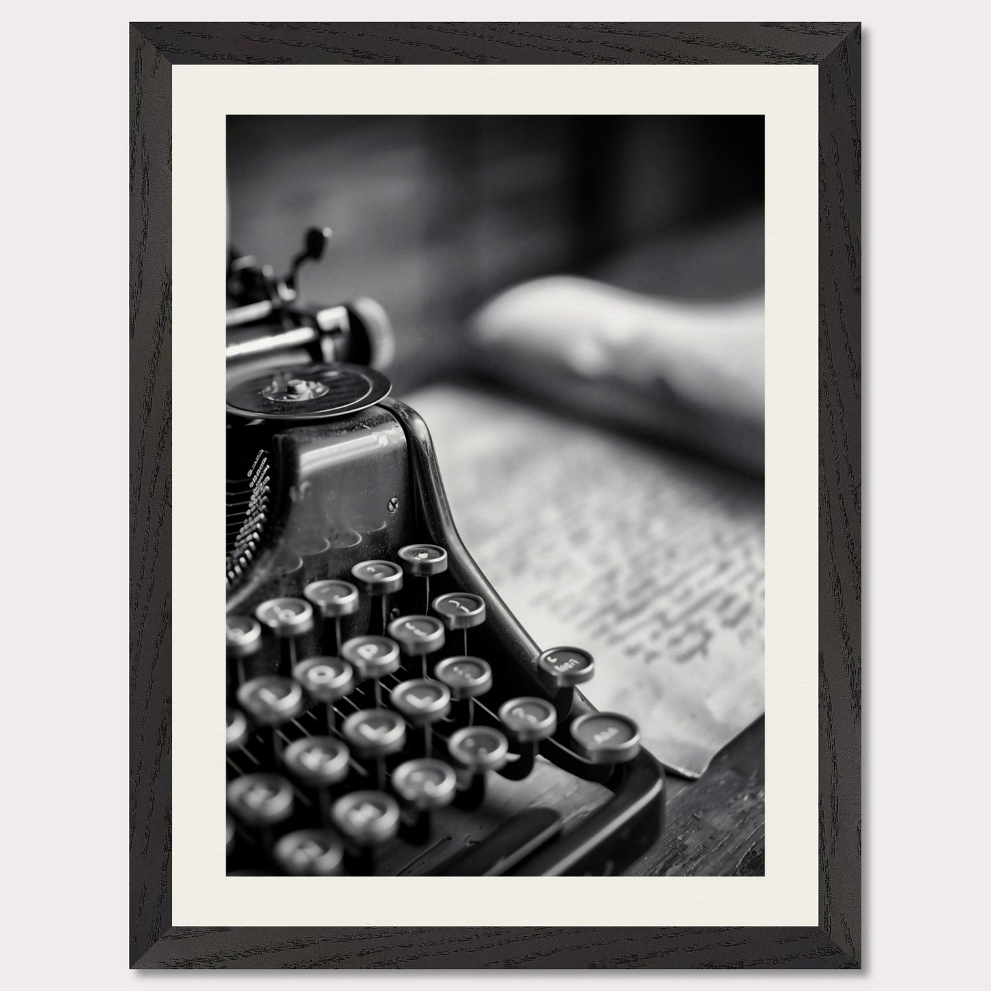 This is a black and white illustration of an old-fashioned typewriter with a blurred background.