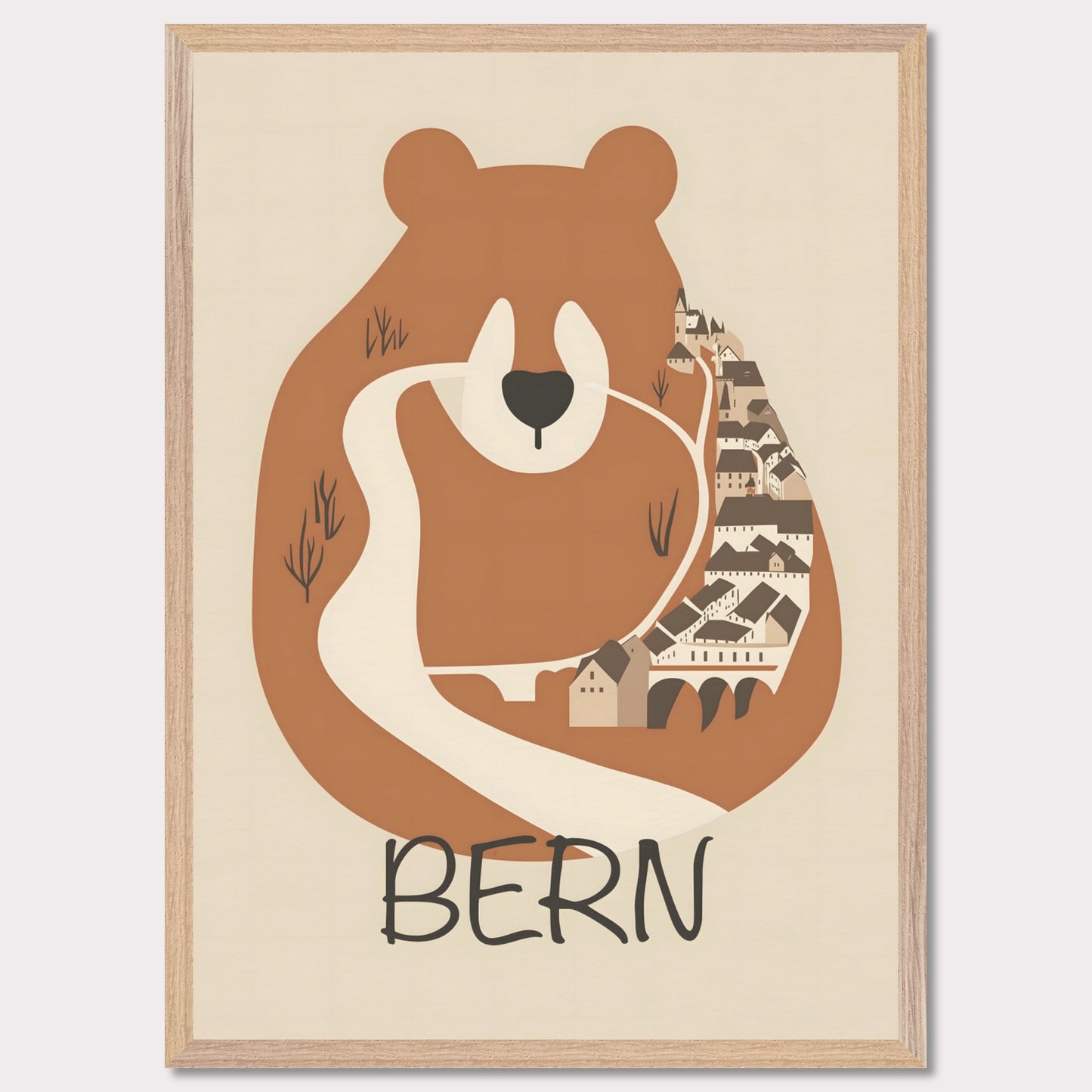 This charming poster features a stylized depiction of Bern, Switzerland, where the iconic bear—symbol of the city—seamlessly merges with the winding streets and historic architecture. The earthy tones and minimalist design evoke a sense of warmth and tradition, reflecting the city's rich history and natural surroundings.