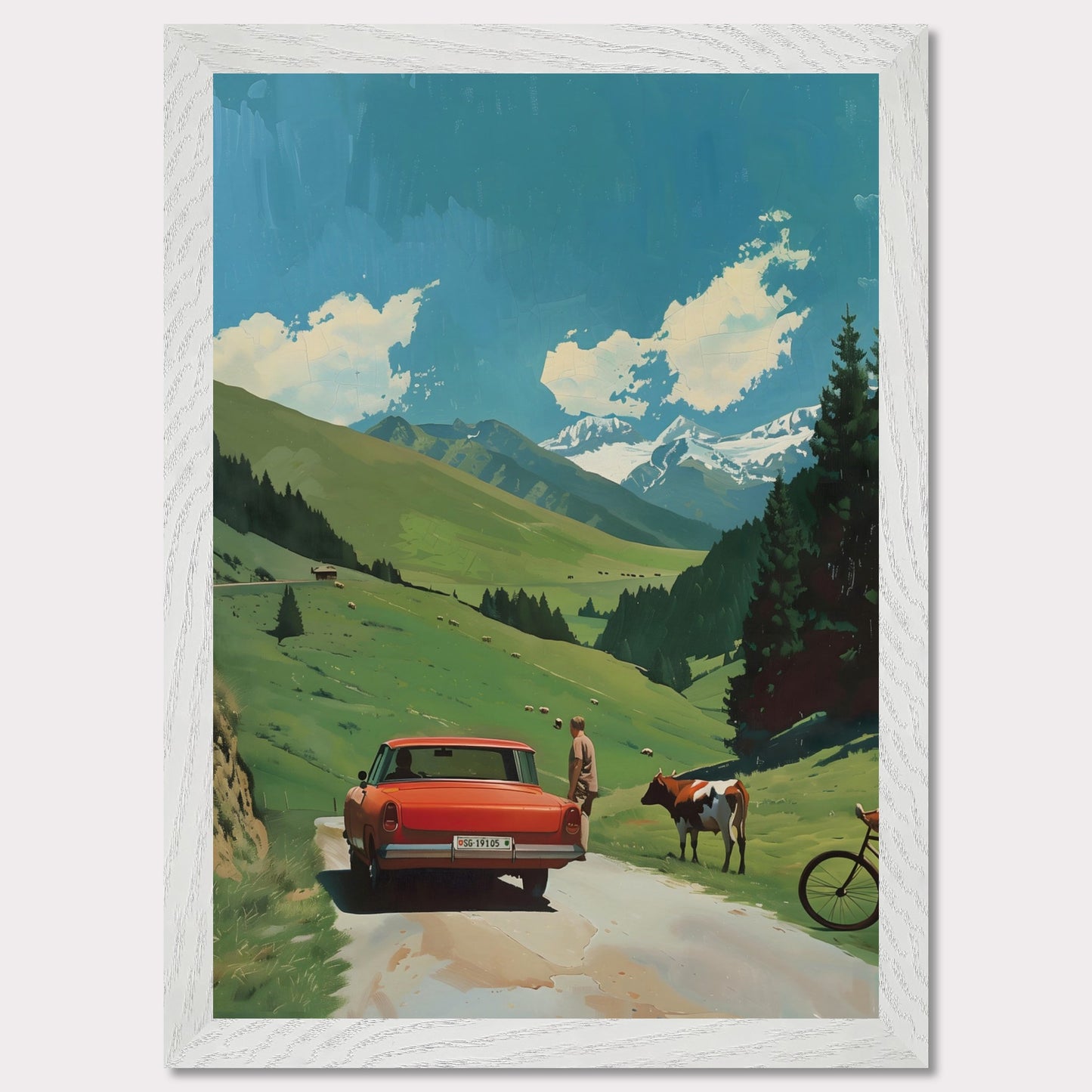 This picture depicts a serene countryside scene with a vibrant red car parked on a narrow road. A person stands beside the car, gazing at a cow that is standing nearby. The lush green hills stretch towards majestic snow-capped mountains under a bright blue sky dotted with fluffy white clouds. A bicycle rests against the tall pine trees, adding to the tranquil rural atmosphere.