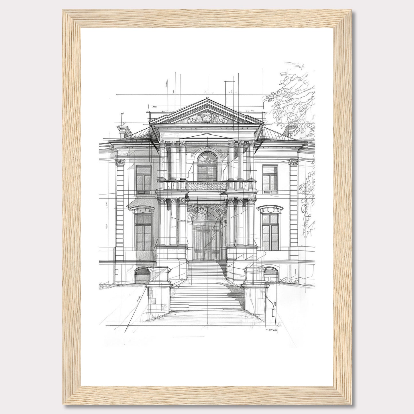 This image showcases an architectural sketch of a grand, classical building. The detailed drawing highlights the intricate design and majestic structure of the edifice.