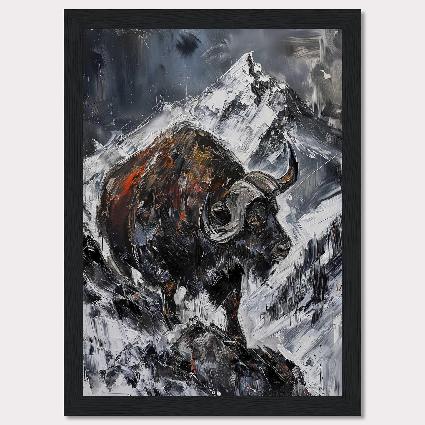 This striking painting captures the raw power of a buffalo against a dramatic mountainous backdrop. The bold brushstrokes and intense colors create a sense of movement and energy.