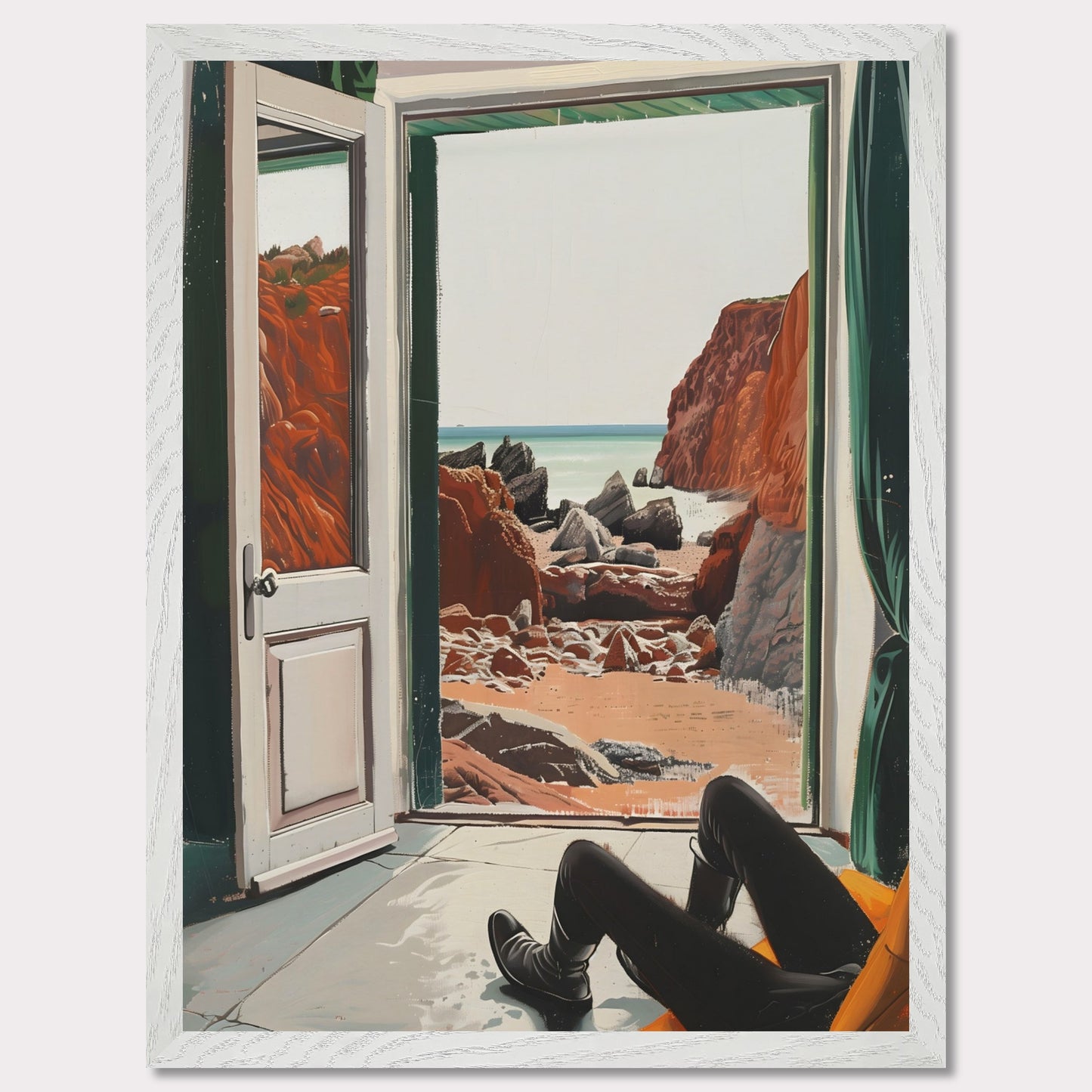 This image captures a serene view of a rocky beach through an open door. The scene is framed by the interior of a room where a person is seated, legs stretched out, possibly relaxing and enjoying the view.