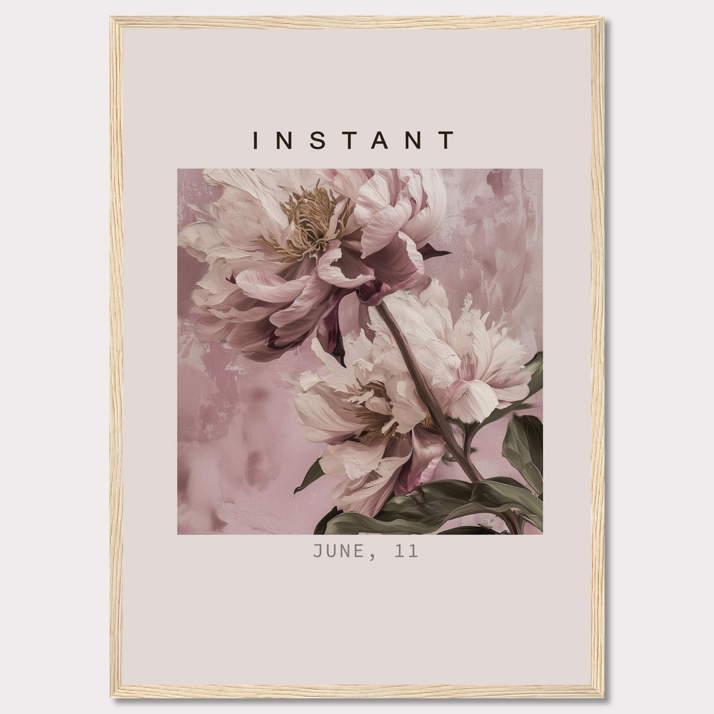 This image showcases a beautifully framed artwork featuring delicate, soft pink flowers against a subtle, textured background. The word "INSTANT" is prominently displayed at the top, with the date "JUNE, 11" at the bottom.