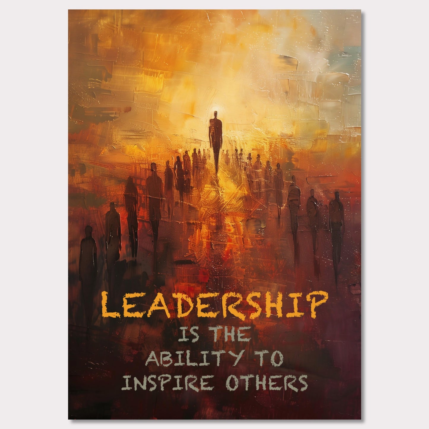 This image depicts a motivational poster with an abstract painting of a group of people following a prominent figure, symbolizing leadership. The background is a blend of warm colors like orange and yellow, creating a sense of inspiration and energy.