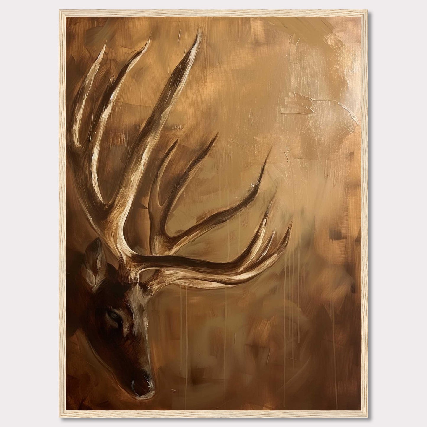 This captivating painting features a majestic deer with prominent antlers, set against a warm, earthy background. The artwork exudes a sense of tranquility and natural beauty, making it a perfect addition to any nature lover's collection.