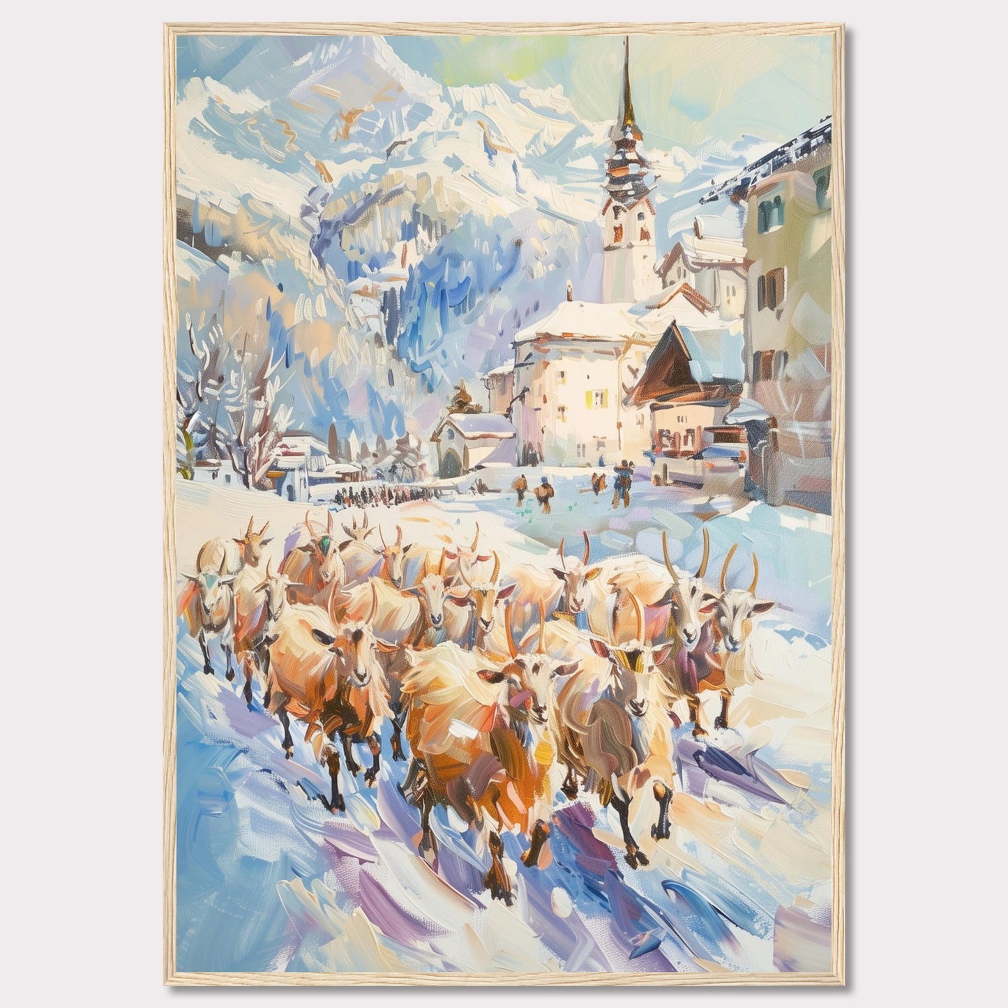 This captivating painting depicts a serene winter village scene with a herd of sheep being guided through the snow-covered streets. The backdrop features majestic snow-capped mountains and charming alpine architecture, including a prominent church steeple.