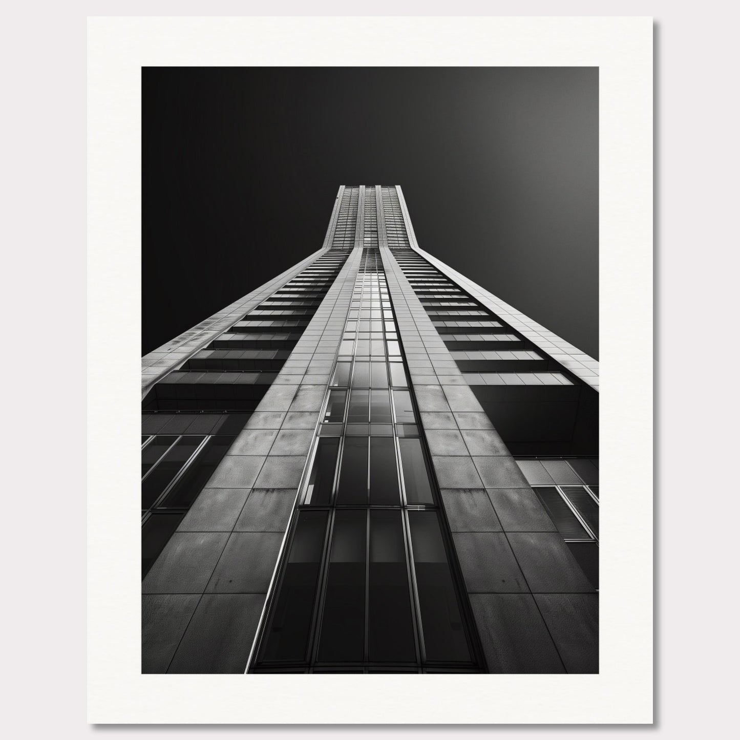 This striking black and white photograph captures the awe-inspiring perspective of looking up at a towering skyscraper. The image emphasizes the sleek lines and modern architecture, drawing the viewer's eye upwards towards the sky.