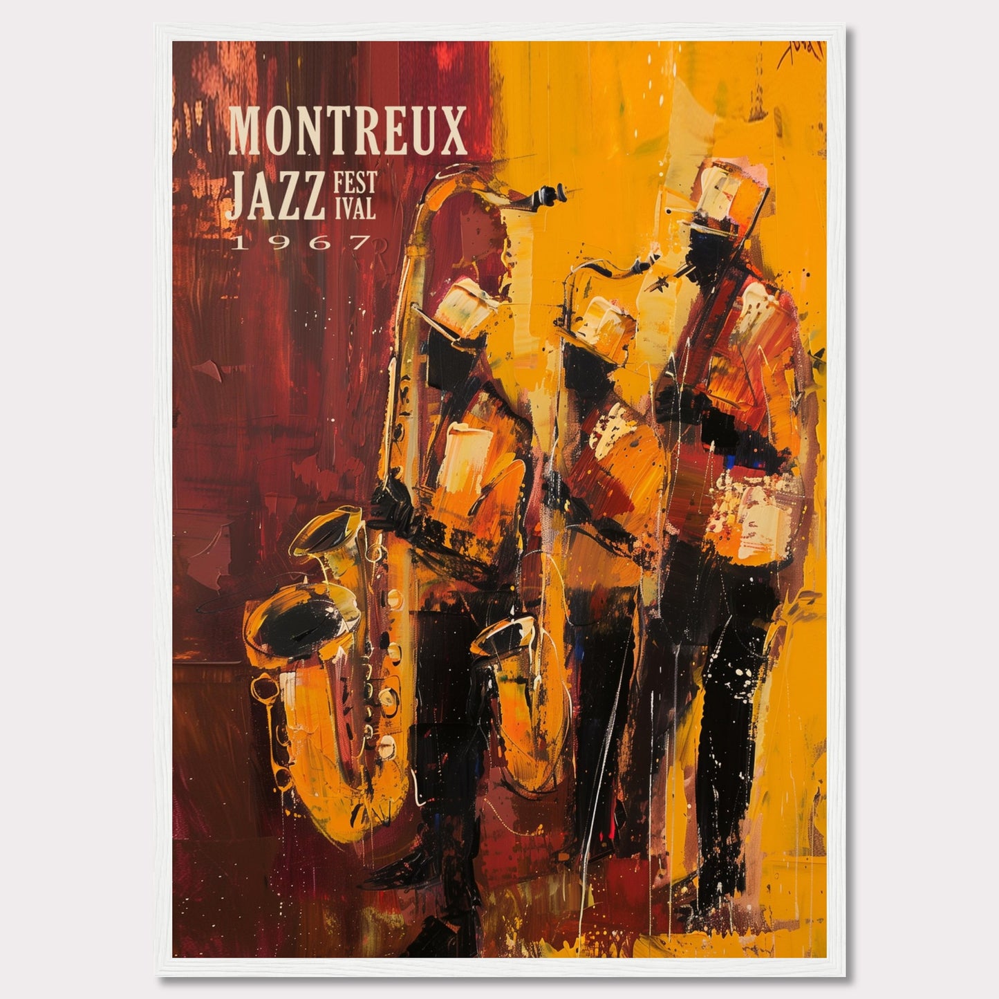 This vibrant art poster showcases the Montreux Jazz Festival from 1967. The artwork features an abstract depiction of three jazz musicians passionately playing their instruments, with rich hues of red, yellow, and orange capturing the dynamic energy of the performance.