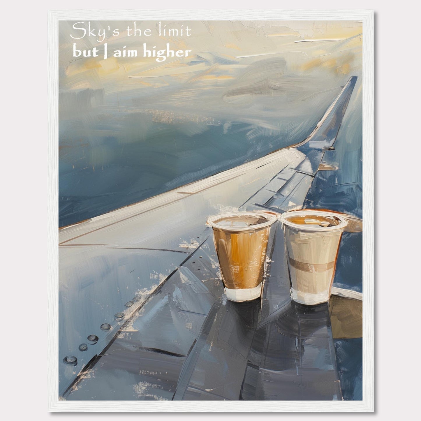 This image features a painted depiction of an airplane wing with two cups of coffee placed on it. The sky is depicted in soft, calming hues, suggesting a serene atmosphere. The text "Sky's the limit but I aim higher" is written in the upper left corner, adding an inspirational element to the artwork.