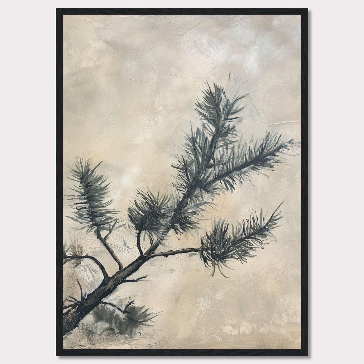 This elegant artwork features a delicate pine branch set against a soft, muted background. The painting captures the serene beauty of nature with its minimalist design and subtle color palette.