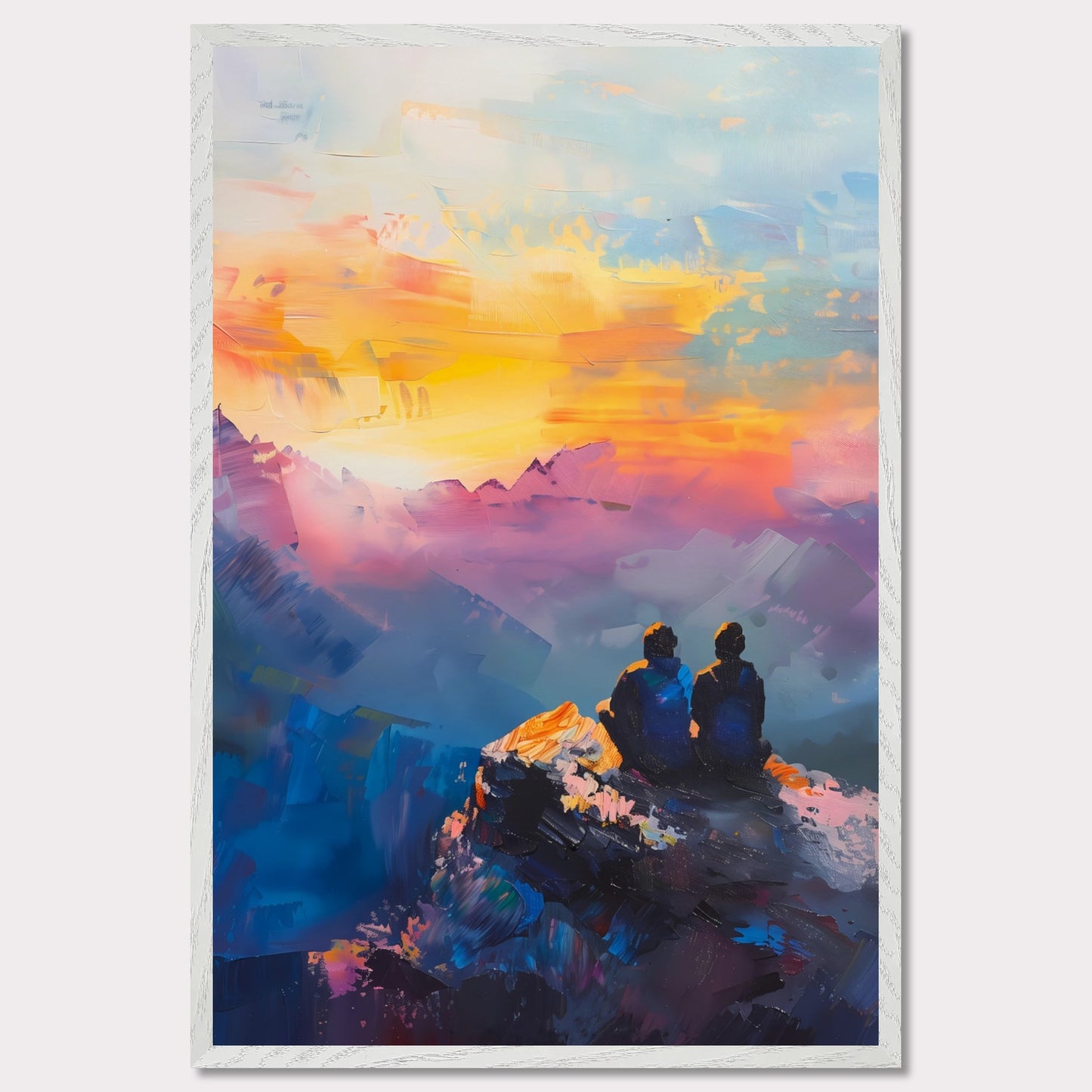 This is an illustration of two people sitting on a rocky cliff, overlooking a vibrant and colorful sunset or sunrise. The sky is painted with warm hues of orange, yellow, and pink, blending into cooler tones of blue and purple.