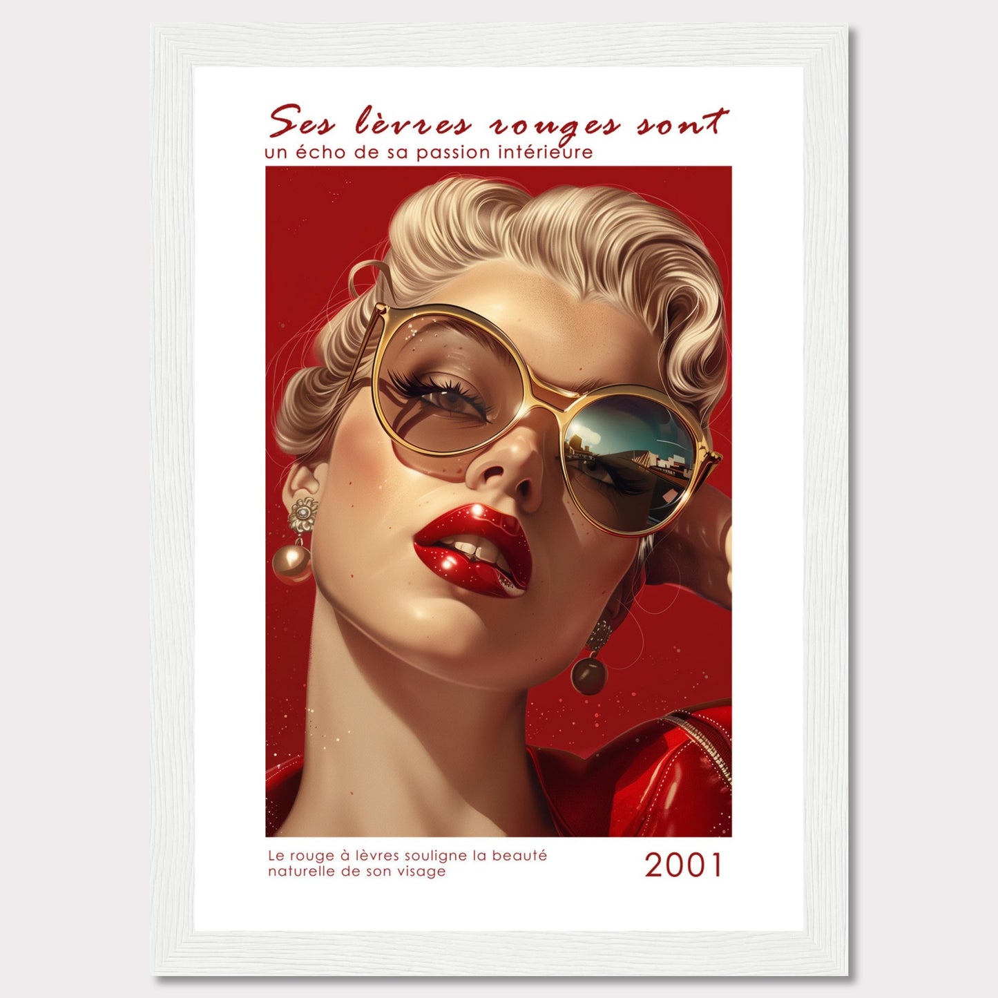 This captivating image features a glamorous woman with bold red lipstick, exuding confidence and allure. Her stylish sunglasses and elegant earrings add to her sophisticated look. The background is a striking red, enhancing the overall intensity of the image.