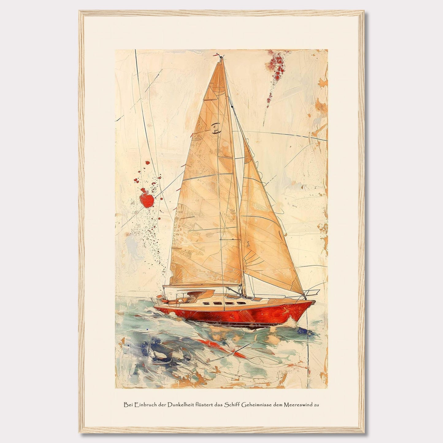 This artwork depicts a stunning sailboat navigating through the ocean with its sails fully unfurled. The painting features a vibrant red boat set against a dynamic background of abstract lines and splashes of color, giving a sense of movement and adventure. The text at the bottom reads: "Bei Einbruch der Dunkelheit flüstert das Schiff Geheimnisse dem Meereswind zu," which translates to "At dusk, the ship whispers secrets to the sea breeze."