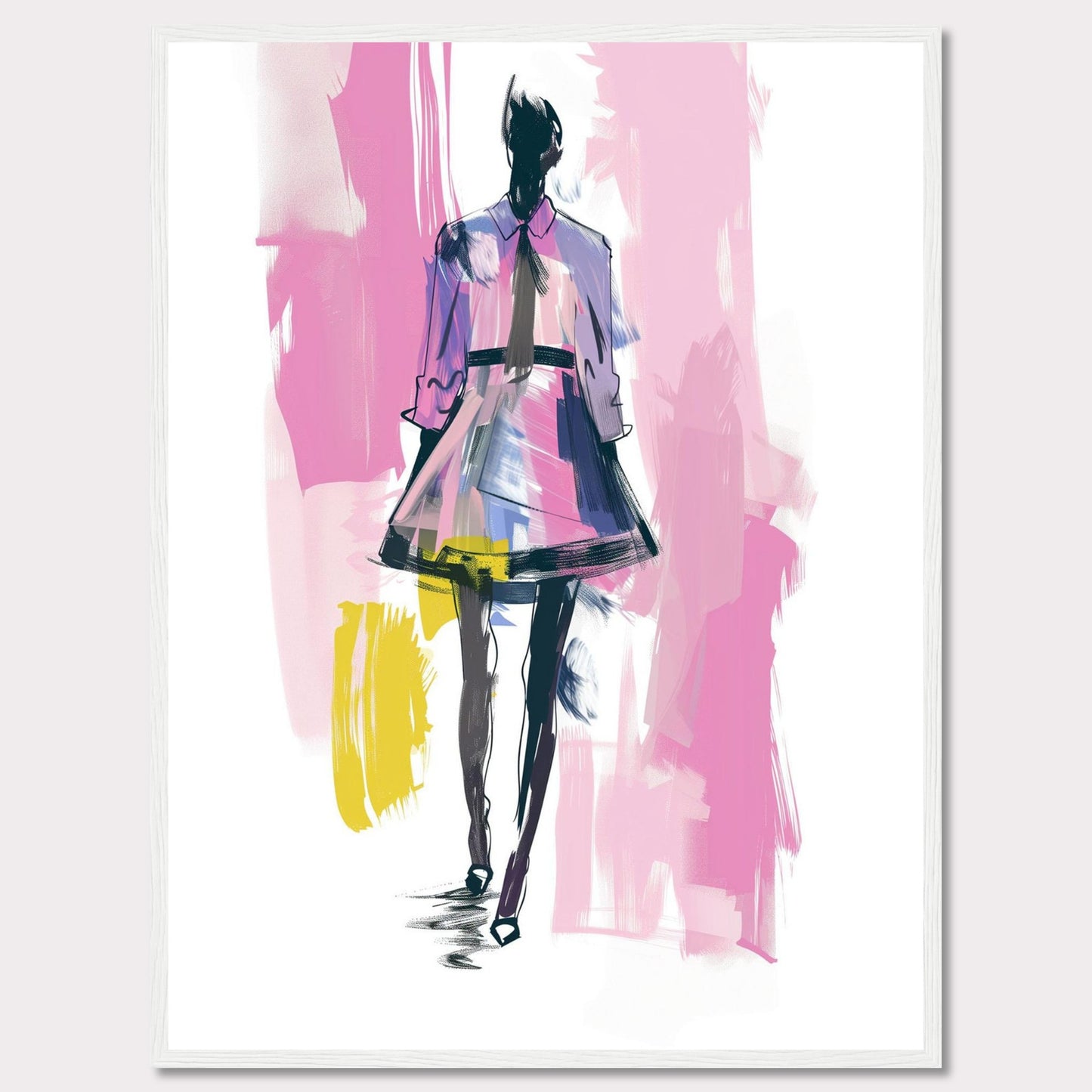 This image showcases a fashion illustration featuring a stylish figure in a vibrant dress. The artwork is characterized by bold brush strokes and a mix of colors, including pink, purple, yellow, and black. The figure exudes confidence, walking forward with purpose.