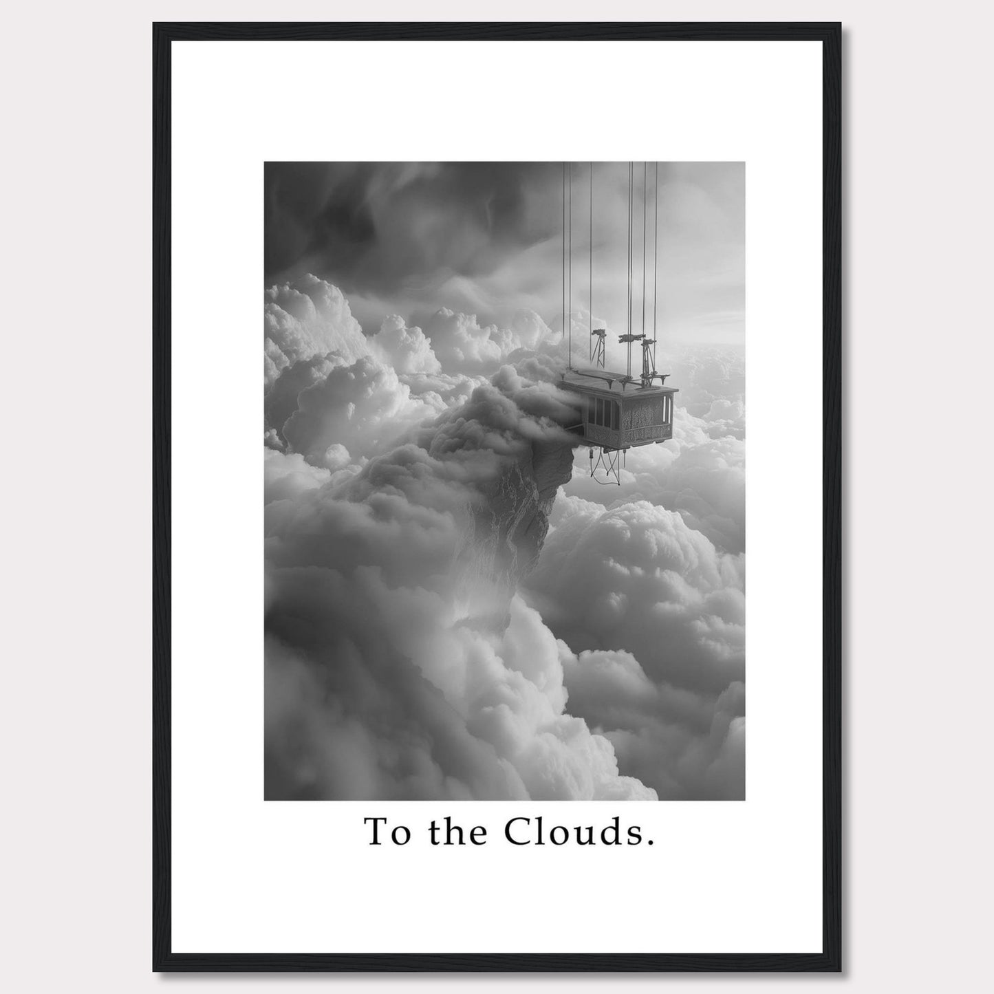 This captivating black and white artwork features a surreal scene of a house suspended high above the clouds, connected by cables. The image evokes a sense of wonder and adventure.