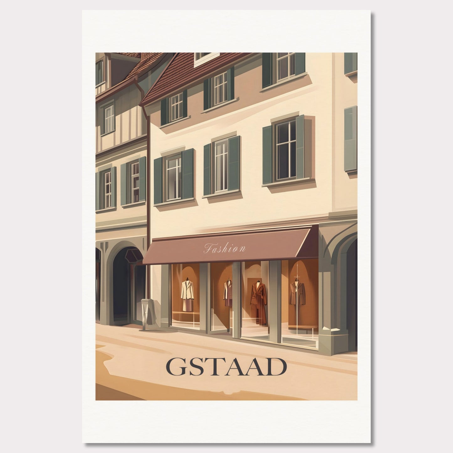 A stylish poster capturing the elegant shopping experience in Gstaad. The charming streets lined with high-end boutiques create an atmosphere of exclusivity and sophistication.