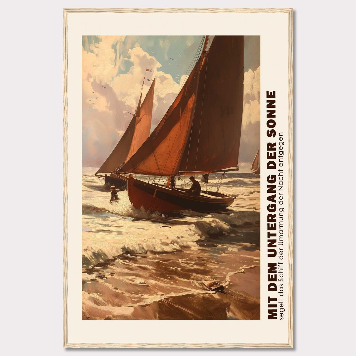 This captivating artwork depicts two sailboats navigating through the waves at sunset, with the sky painted in warm hues of orange and pink. The scene evokes a sense of adventure and tranquility as the boats head towards the horizon. The text on the side reads "MIT DEM UNTERGANG DER SONNE segelt das Schiff der Umarmung der Nacht entgegen," which translates to "With the setting of the sun, the ship sails towards the embrace of the night."