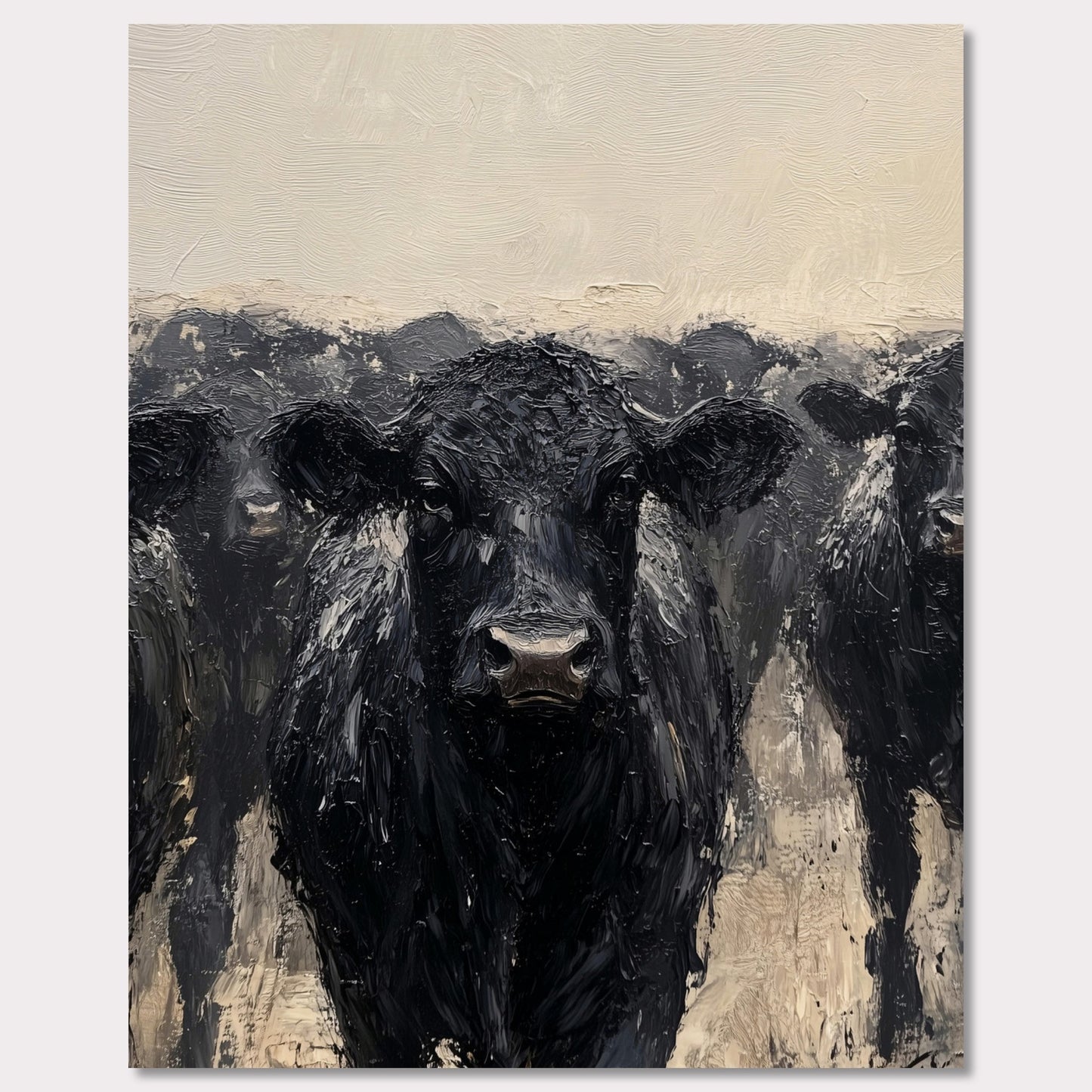 This striking painting captures the intense gaze of a black cow, surrounded by its herd. The textured brushstrokes and muted color palette create a powerful and captivating image.