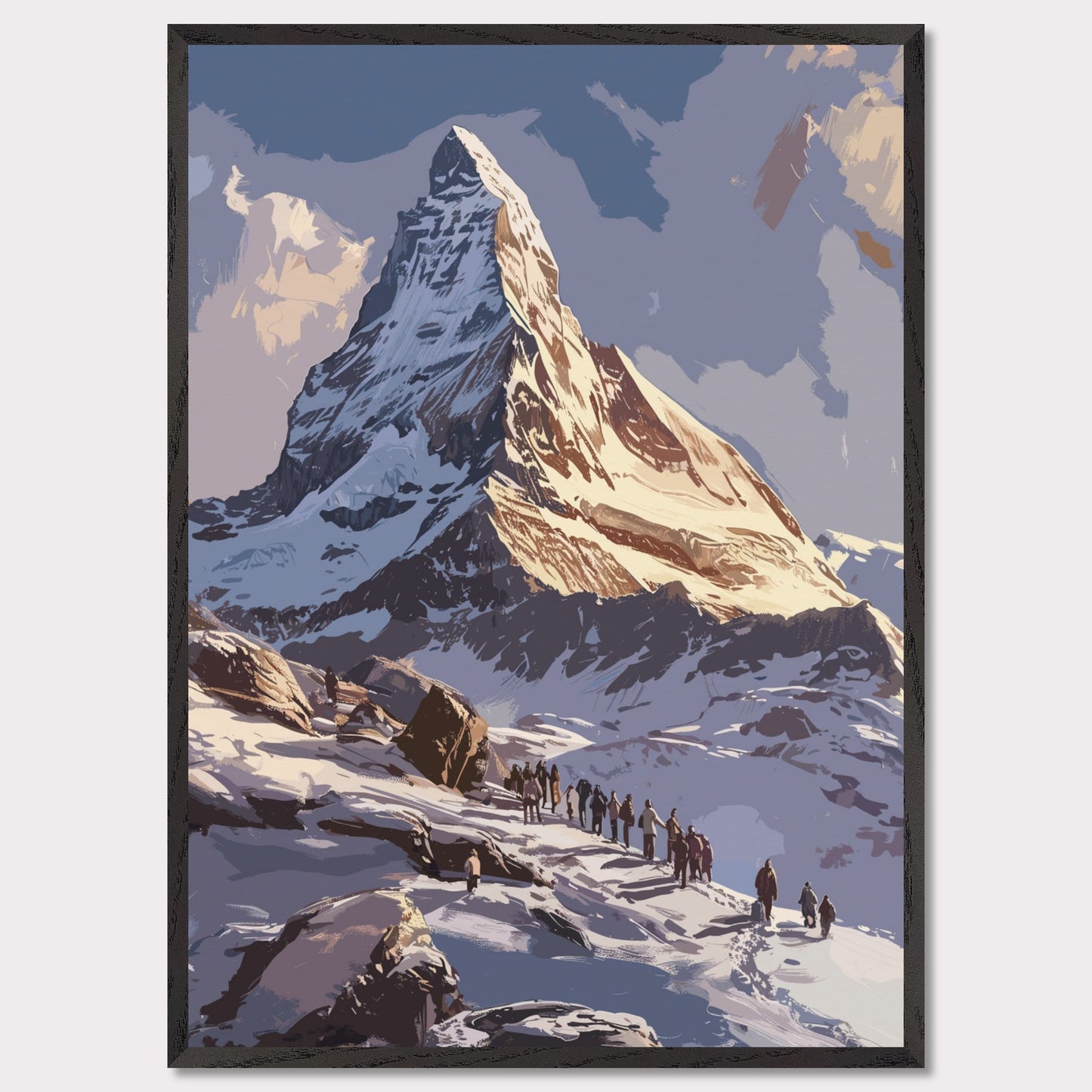 Experience the majestic beauty of this stunning mountain landscape. The image captures a group of adventurers trekking up a snow-covered path towards a towering, sunlit peak. The sky above is clear with a few clouds, adding depth and contrast to the scene. The rugged terrain and the determination of the climbers evoke a sense of awe and inspiration.