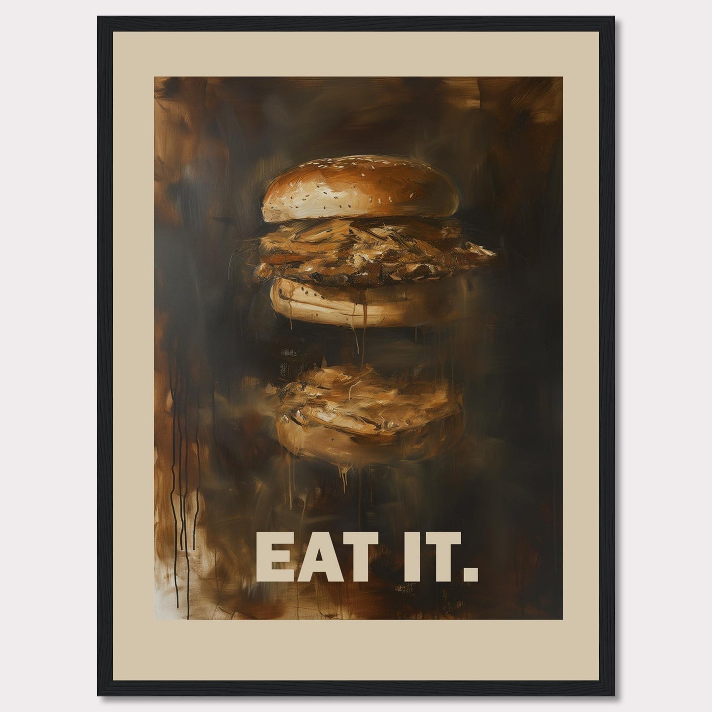 This image features an artistic depiction of a juicy burger with the words "EAT IT." prominently displayed at the bottom. The painting captures the essence of a delicious, mouth-watering burger with rich, dark tones and a slightly abstract style.