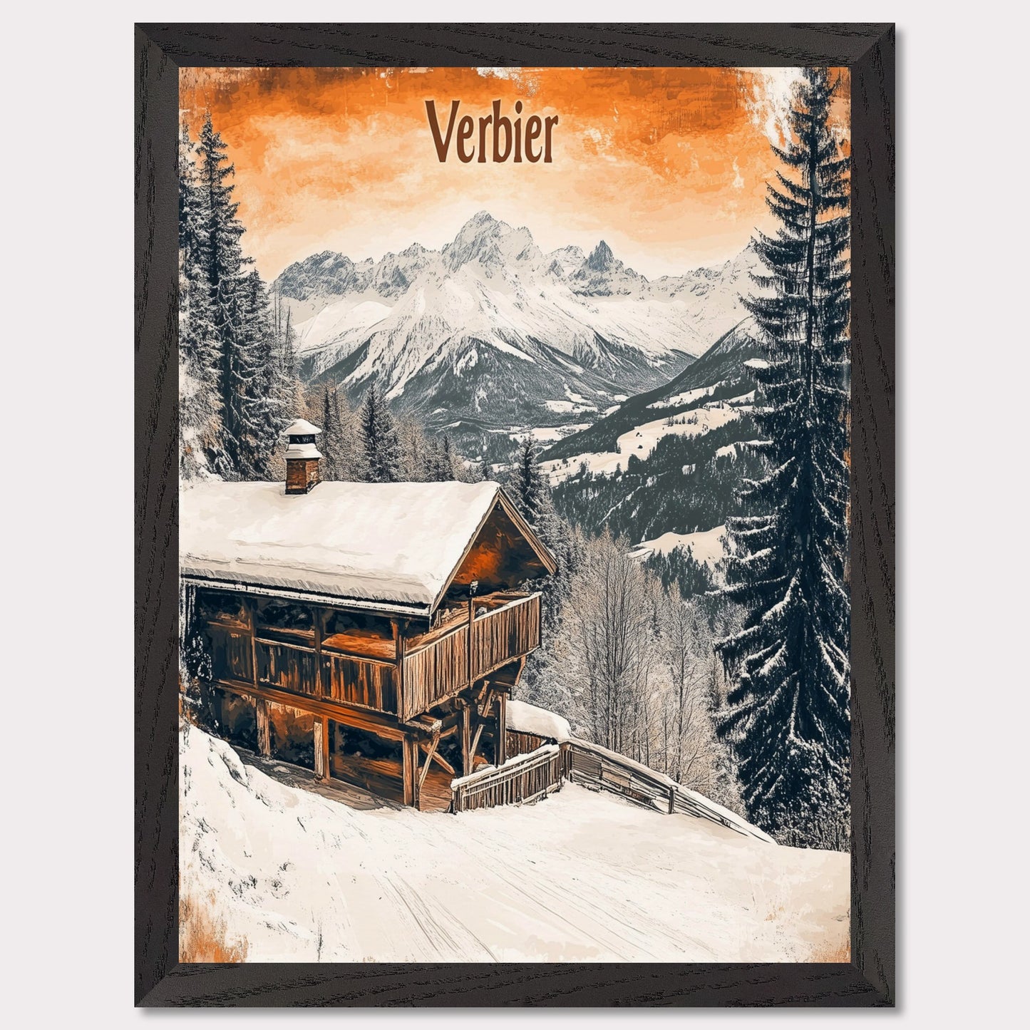 This charming retro-style poster showcases a cozy wooden cabin nestled in the snowy mountains of Verbier. The cabin, with its warm and rustic exterior, contrasts beautifully against the crisp white snow and towering, snow-capped peaks in the distance. The soft, vintage tones in the sky and the peaceful surroundings evoke a sense of tranquility and the perfect winter getaway. The gentle snowfall and warm cabin lights enhance the nostalgic feeling of a quiet retreat in the Alps.