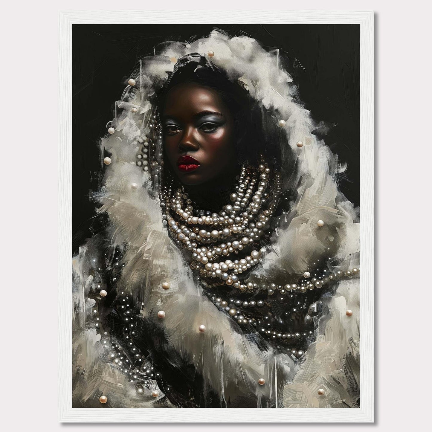 This captivating artwork features a striking portrait of a woman adorned with layers of pearls and white feathers. The dark background accentuates her luminous skin and bold red lips, creating a dramatic contrast. The intricate details of the pearls and feathers add a sense of luxury and elegance to the piece.