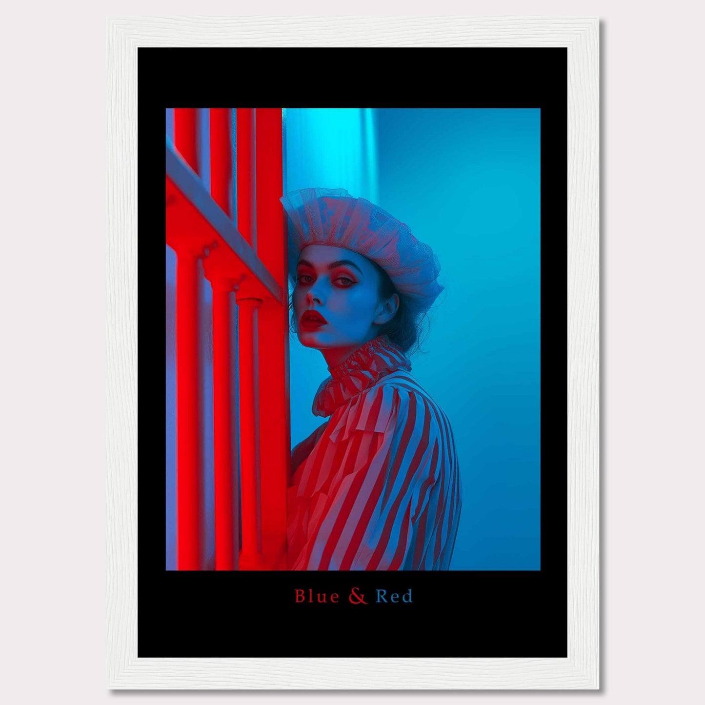 This striking poster features a dramatic portrait of a woman illuminated in contrasting blue and red lighting. The subject is dressed in a striped outfit and a sheer headpiece, creating a bold and artistic visual effect.