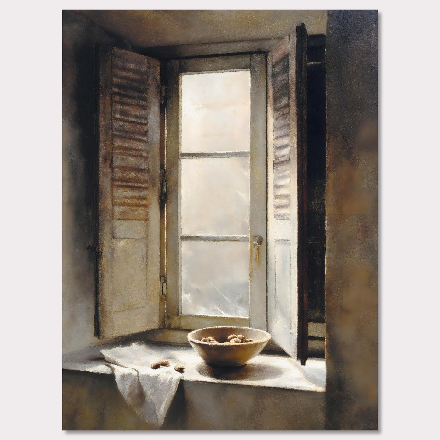 Golden light streams through an old shuttered window, catching the edge of a ceramic bowl filled with walnuts. A linen cloth rests gently nearby, suggesting quiet hands and slow mornings. This image is domestic poetry — a tribute to texture, stillness, and time.