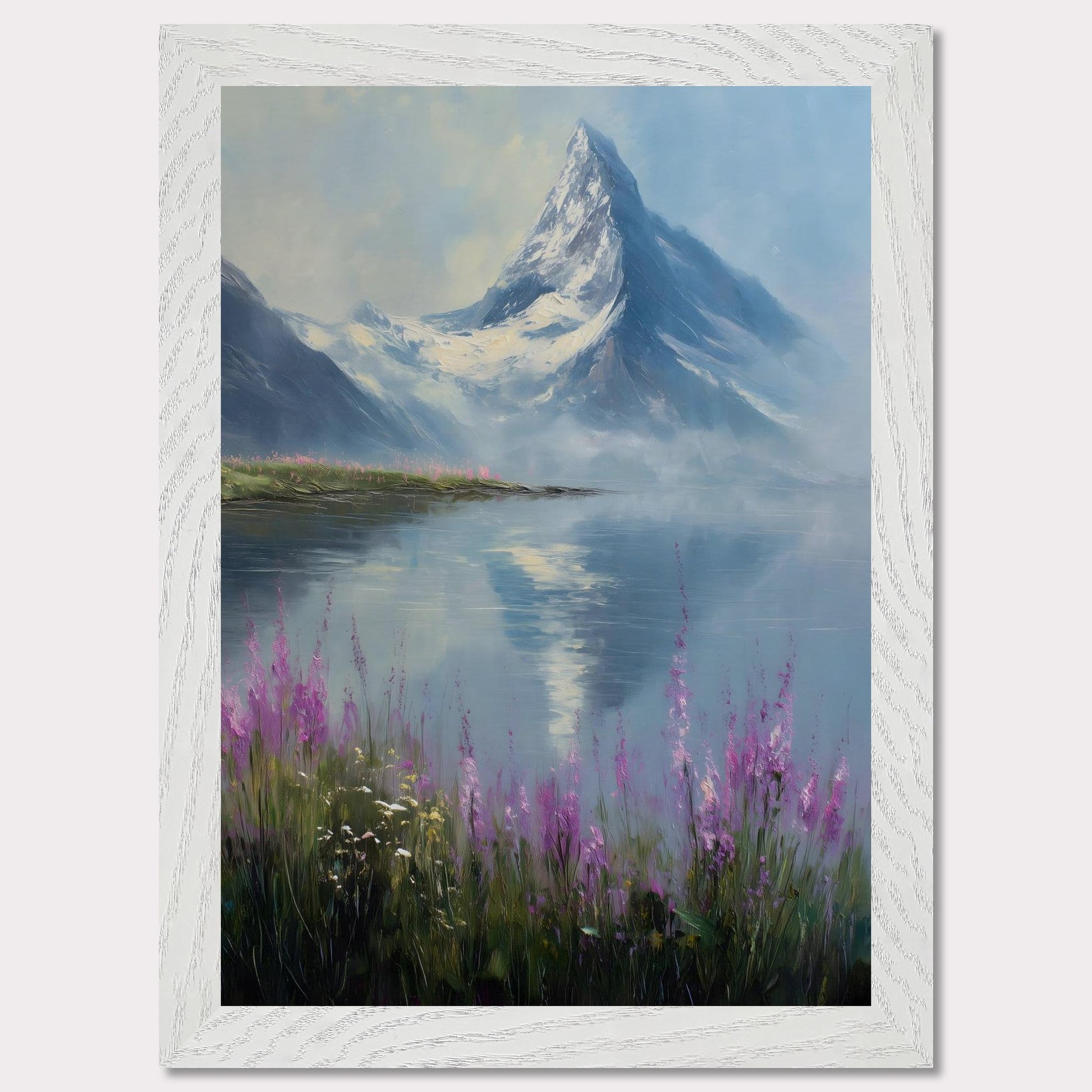 Snow-dusted Matterhorn rises over a lake fringed with fireweed in bloom. Reflections shimmer, colors merge in peace. This image is a mountain hush, an ode to bloom, ice, and awe.