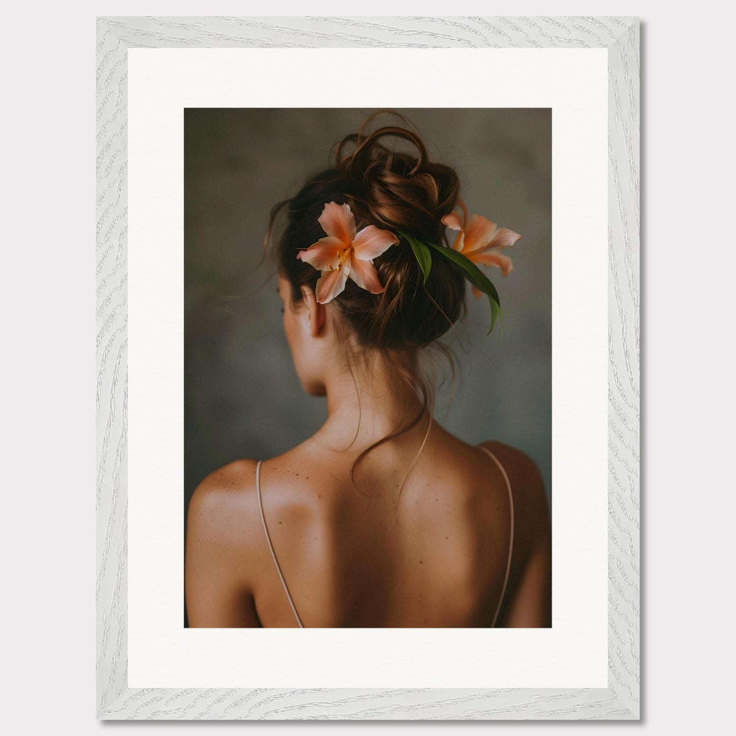 This illustration depicts a woman viewed from behind, with her hair styled in an elegant updo adorned with two peach-colored flowers and green leaves.

This poster would fit well in a bedroom, living room, or any space that benefits from a touch of elegance and natural beauty.