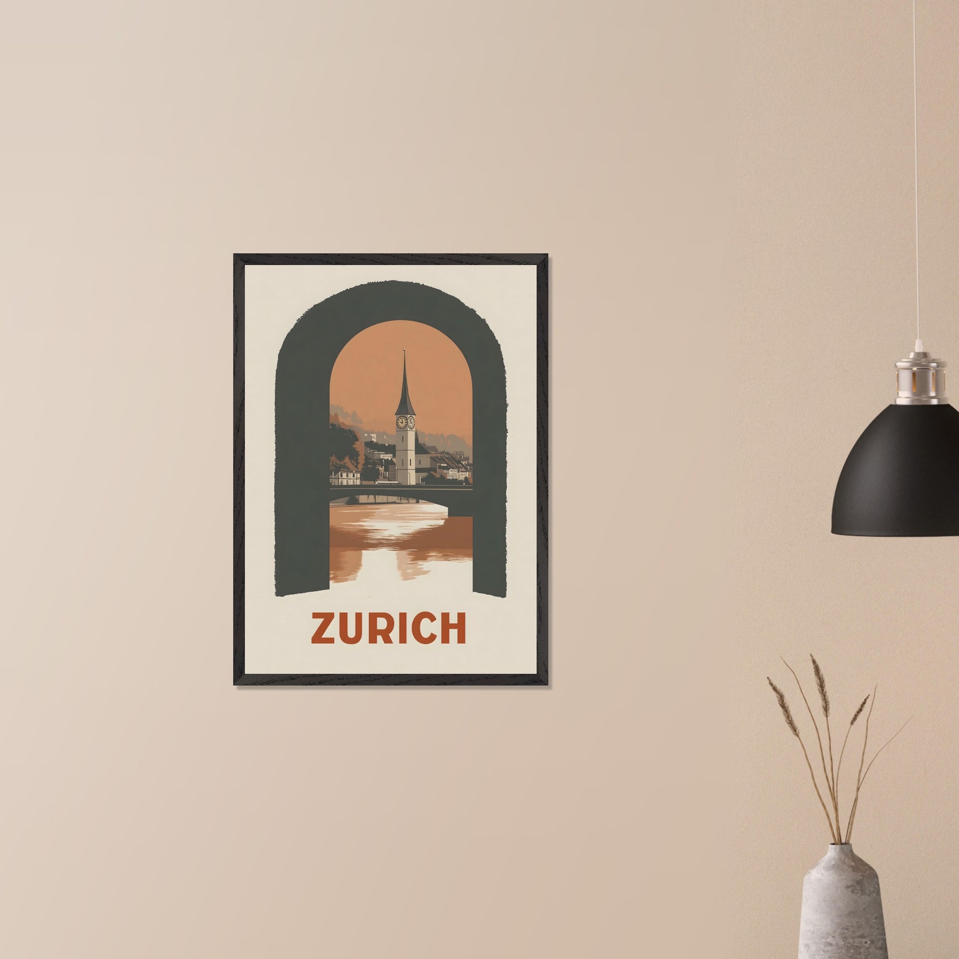 A sophisticated poster featuring Zurich’s historic clock tower, framed through an arched window. The blend of soft tones and bold composition creates a striking visual balance.