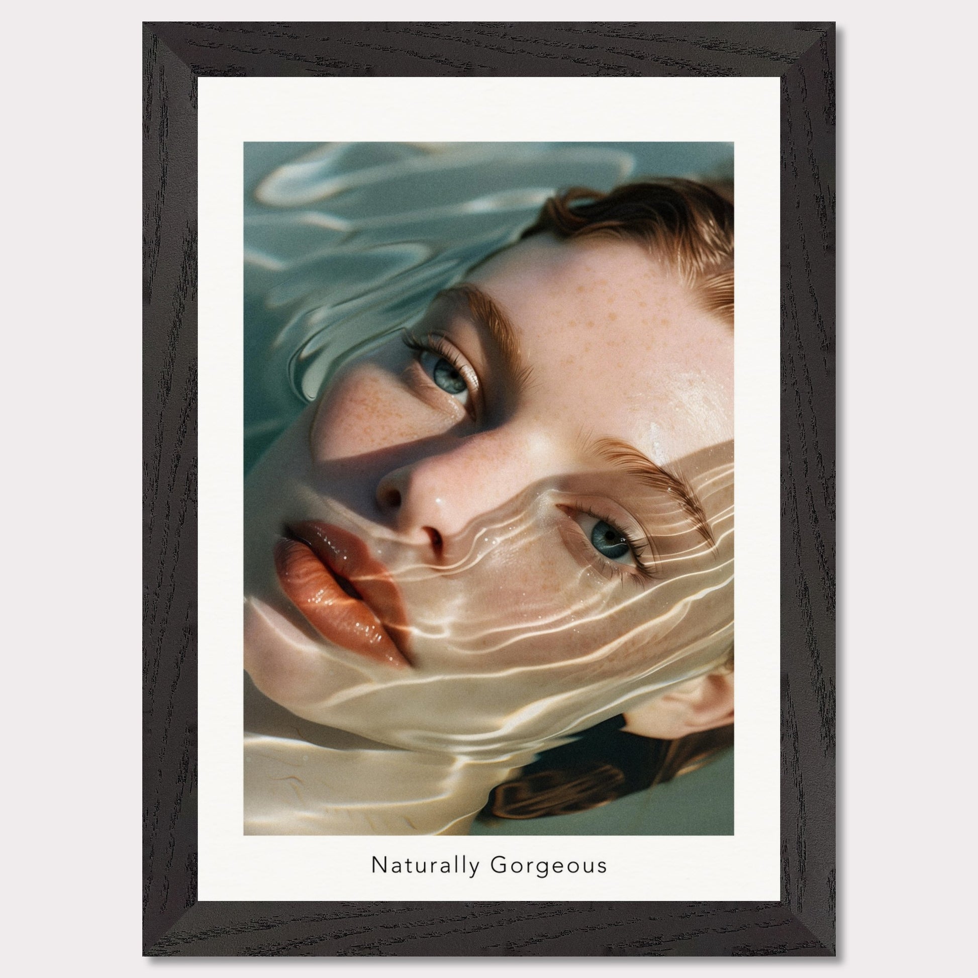 This poster features a close-up illustration of a woman's face partially submerged in water, with light reflections creating a wavy pattern across her skin. The text "Naturally Gorgeous" is displayed below the image.