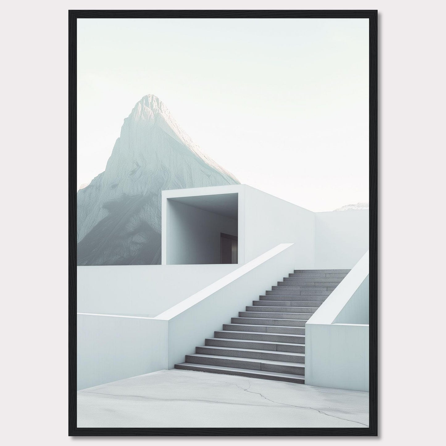 This minimalist artwork features a serene mountain backdrop with a modern architectural staircase leading to a simple, open structure. The clean lines and soft color palette evoke a sense of tranquility and sophistication.