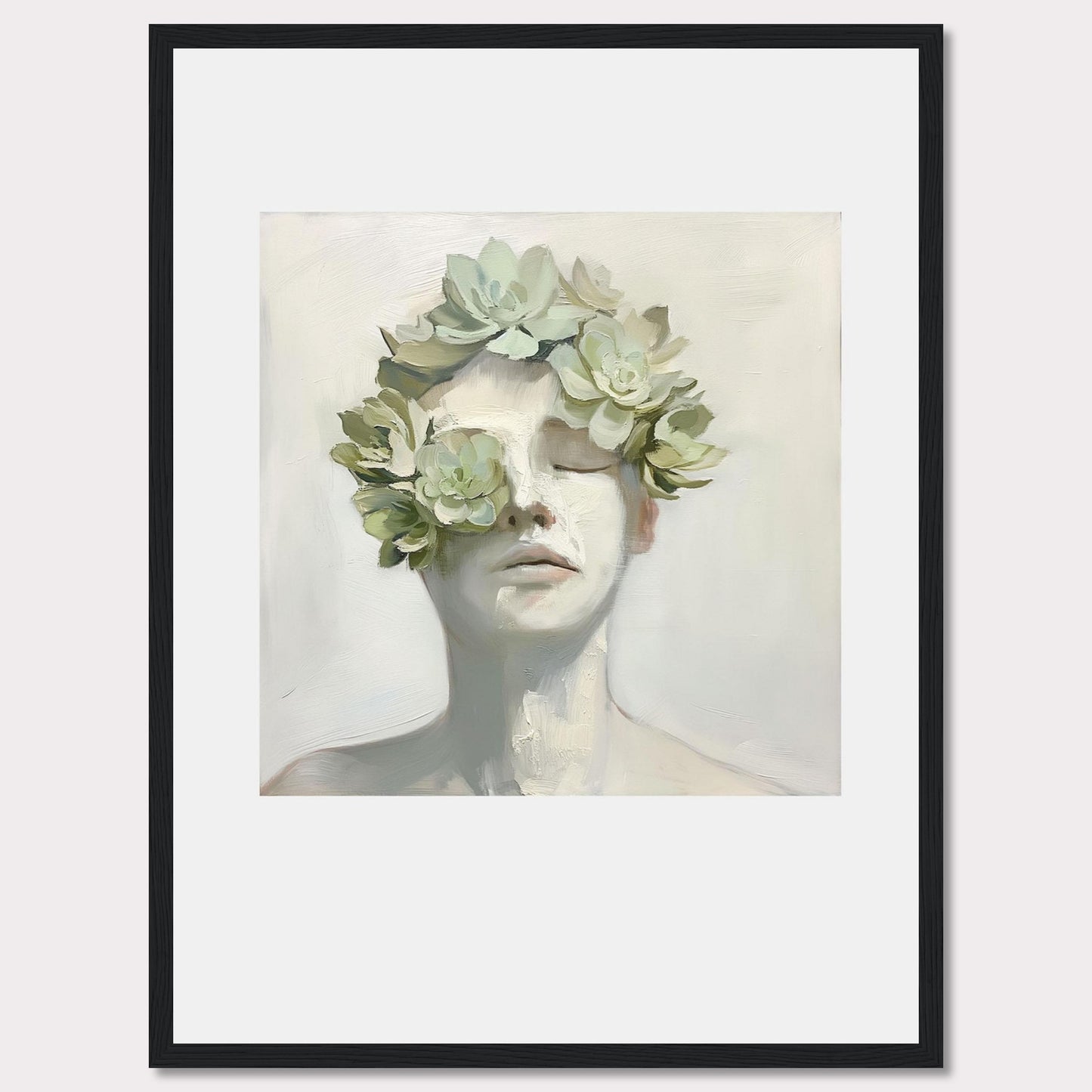 This captivating artwork features a serene face adorned with a crown of succulents, blending nature and human form in a harmonious expression.