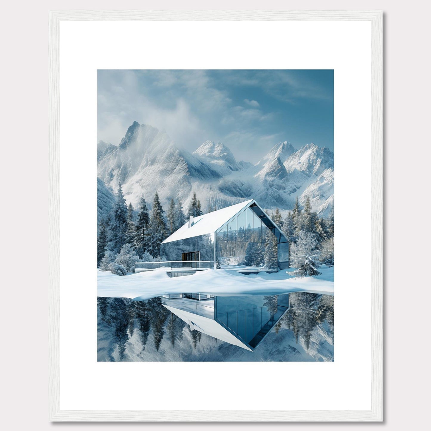 This stunning image showcases a modern glass house nestled in a serene snowy landscape, with majestic mountains in the background. The reflection of the house and trees on the calm water adds to the tranquil ambiance.