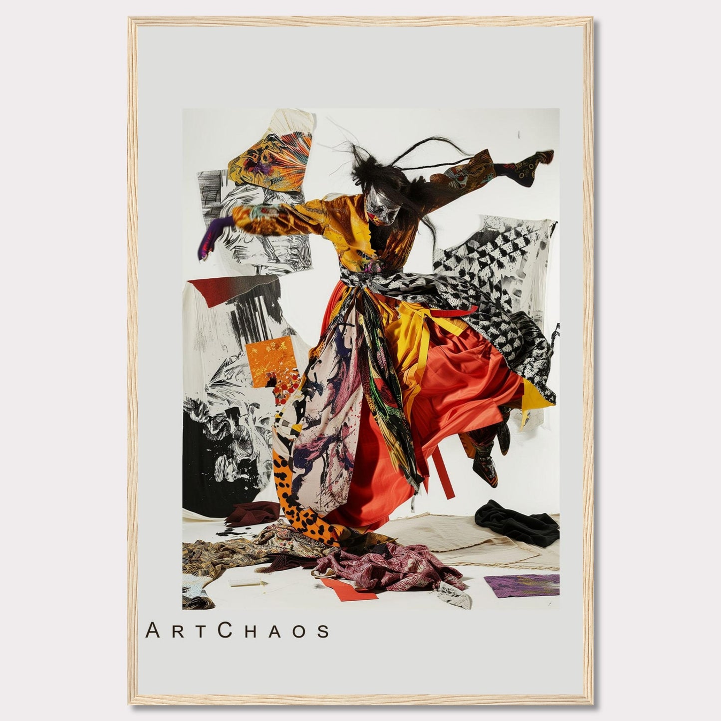 This captivating artwork features a dynamic figure in vibrant, flowing attire, seemingly caught in mid-motion. The background is a collage of abstract patterns and textures, adding depth and intrigue to the piece. The mix of bold colors and chaotic elements creates a sense of energy and movement.