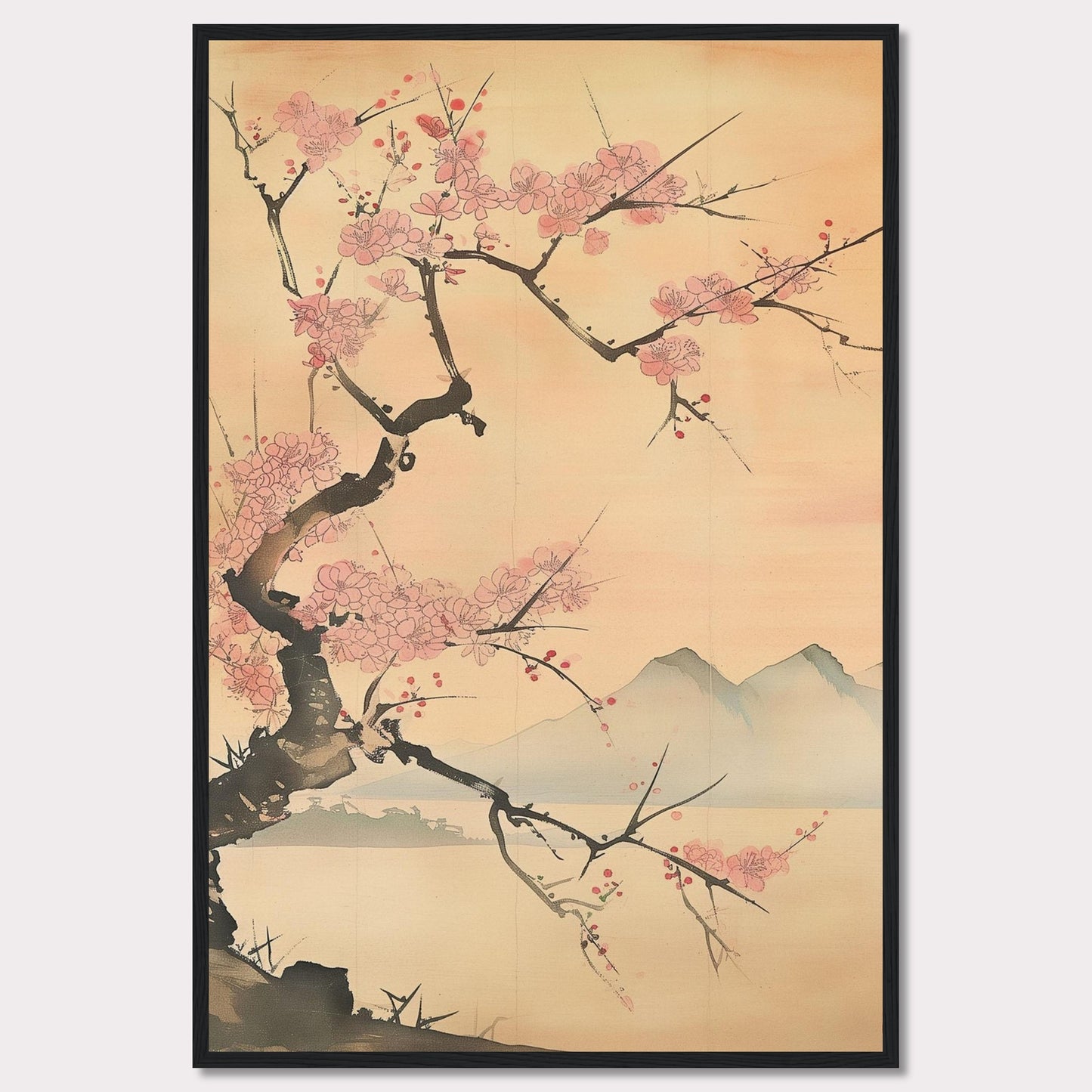 This beautiful artwork features a delicate cherry blossom tree in full bloom against a serene backdrop of distant mountains. The soft pastel hues create a tranquil and calming atmosphere, perfect for any living space.