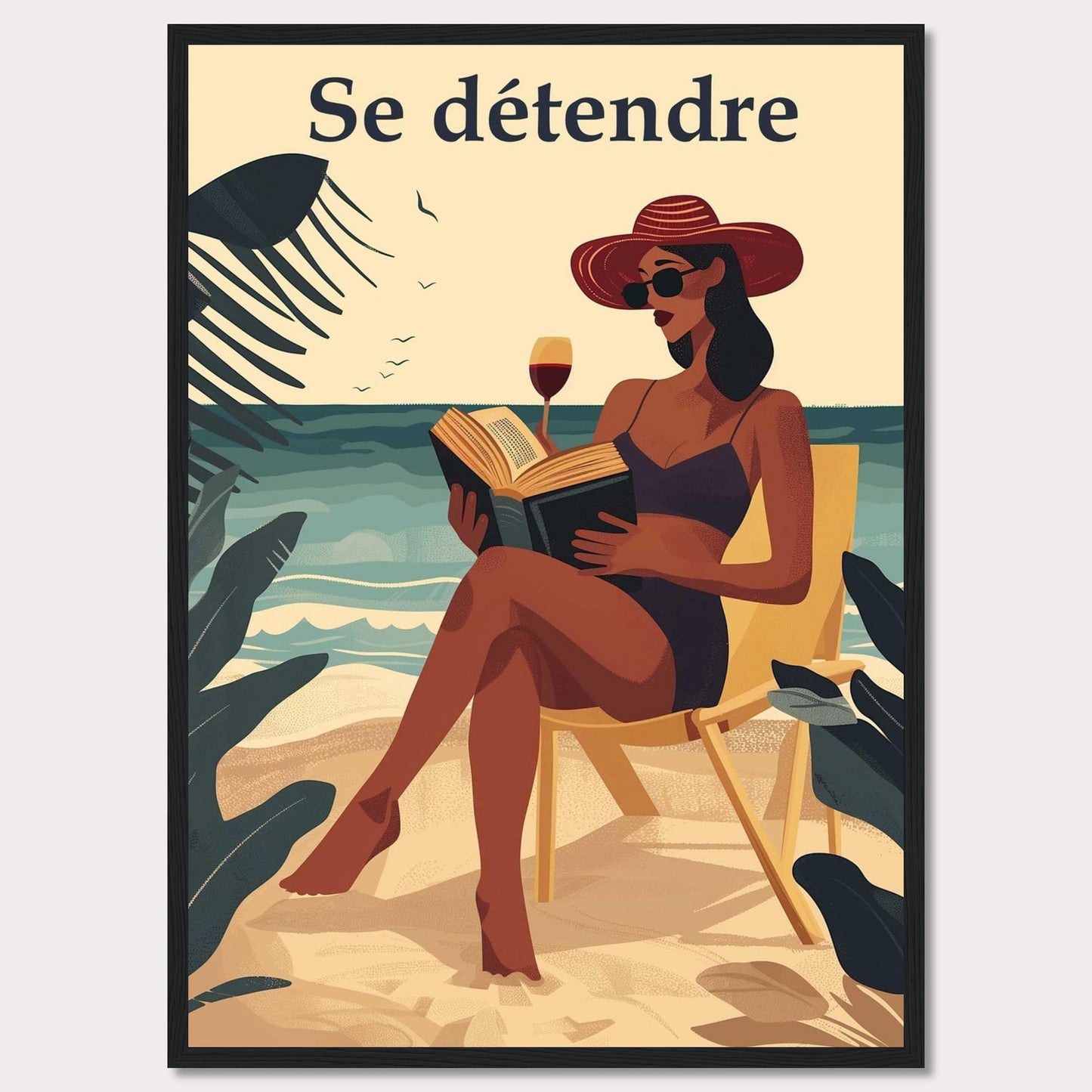 This illustration captures a serene beach scene with a woman relaxing on a chair, reading a book, and enjoying a glass of wine. The text "Se détendre" at the top translates to "Relax" in English.