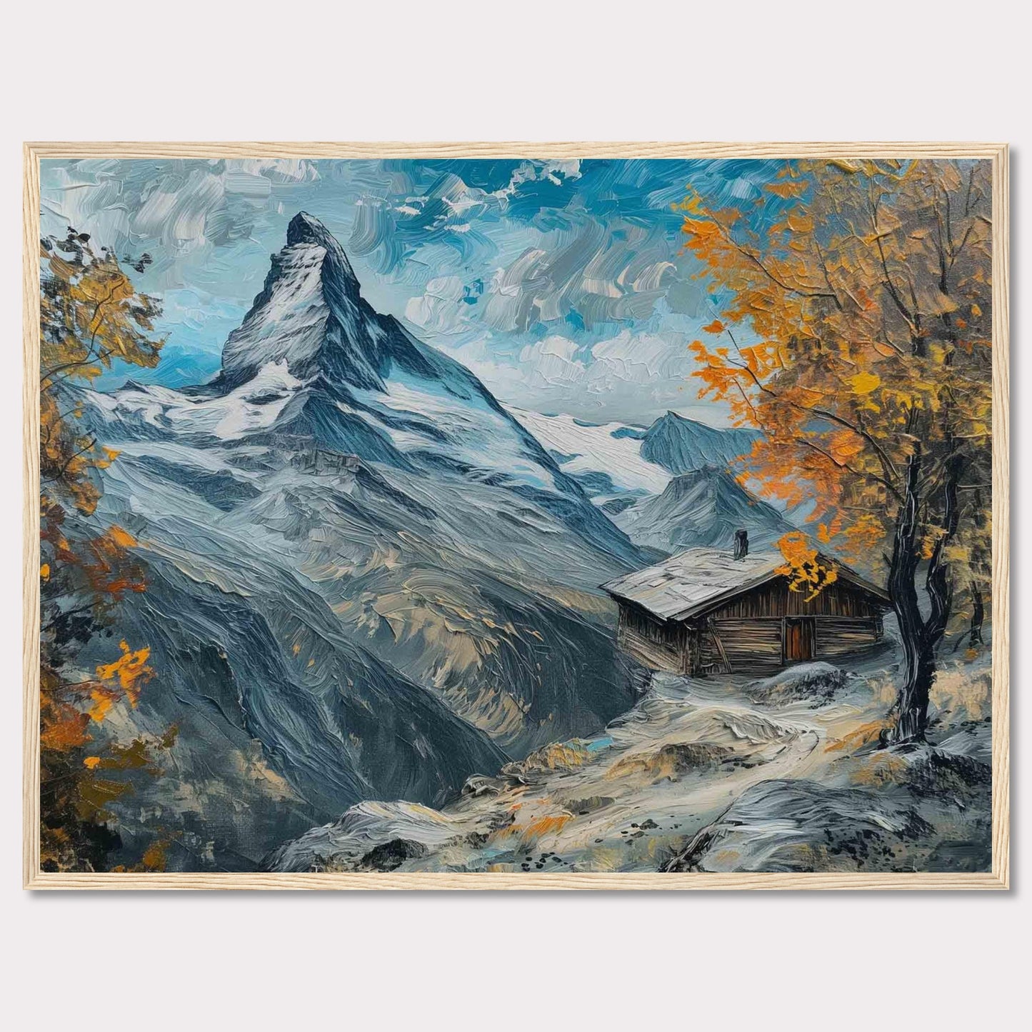 This stunning painting captures a serene mountain landscape with a quaint cabin nestled among the snow-covered peaks. The vibrant autumn foliage adds a splash of color against the majestic backdrop of towering mountains and a clear blue sky.