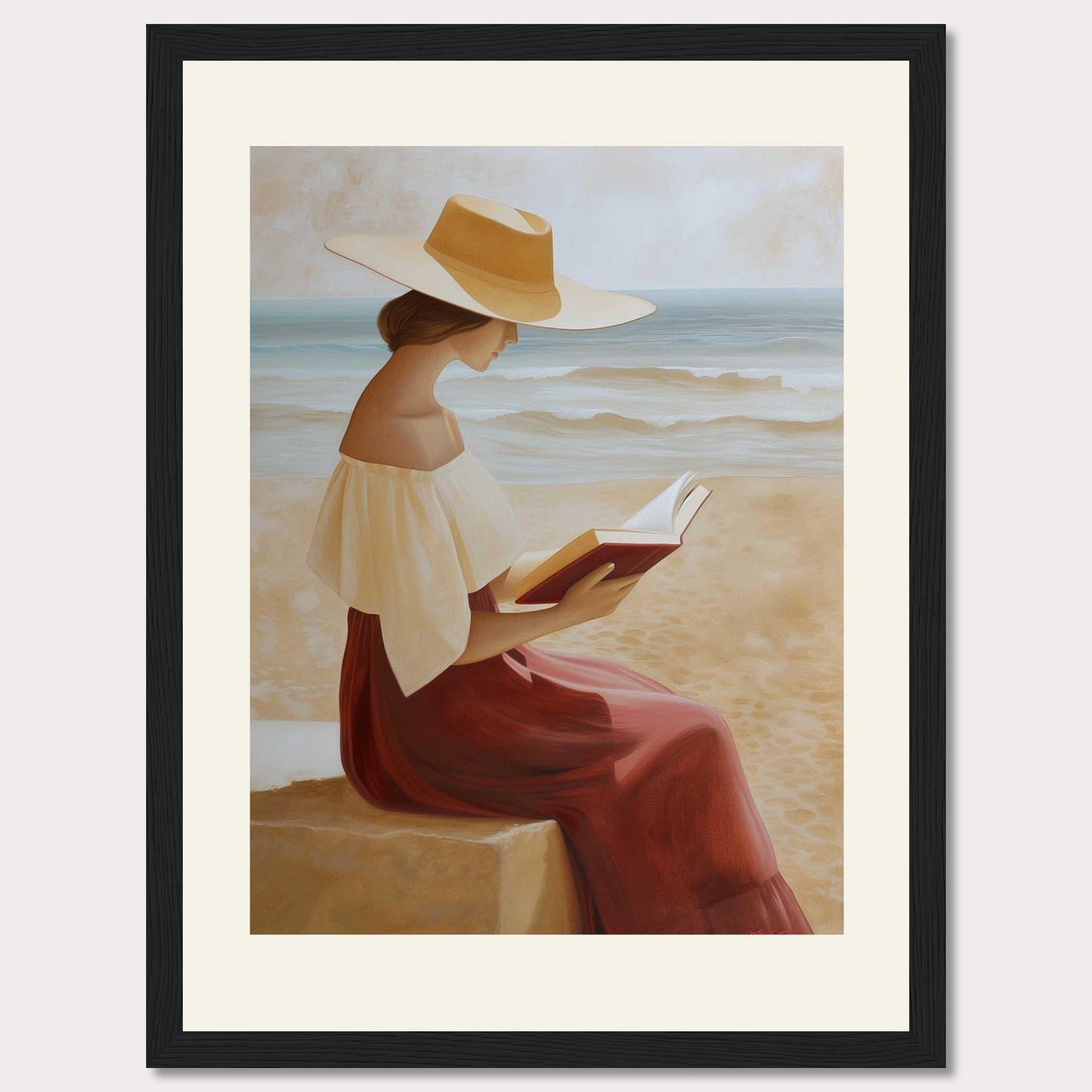 This serene painting depicts a woman sitting by the beach, engrossed in a book. She wears a wide-brimmed hat and a flowing dress, with the ocean waves gently rolling in the background.