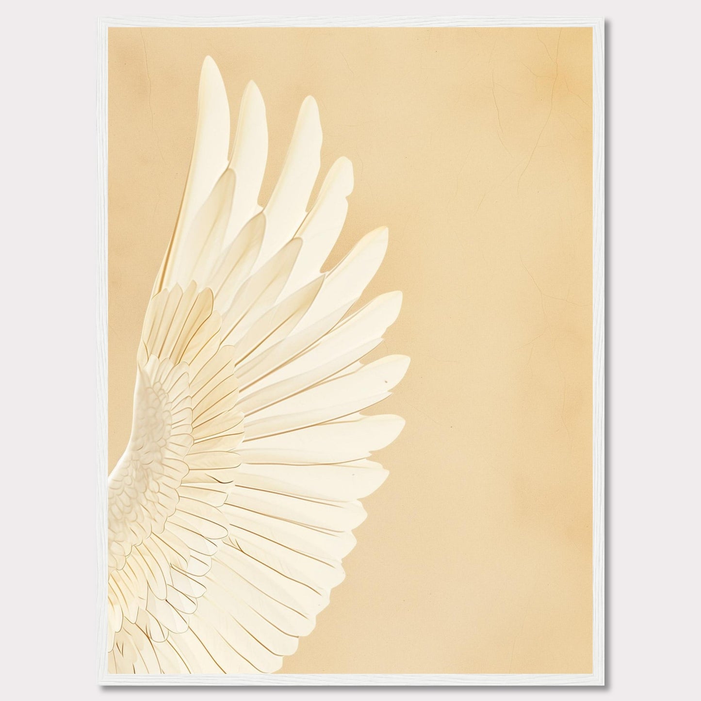 This elegant wall art features a detailed depiction of a white feathered wing against a soft beige background. The minimalist design and neutral tones make it a versatile piece for any room.