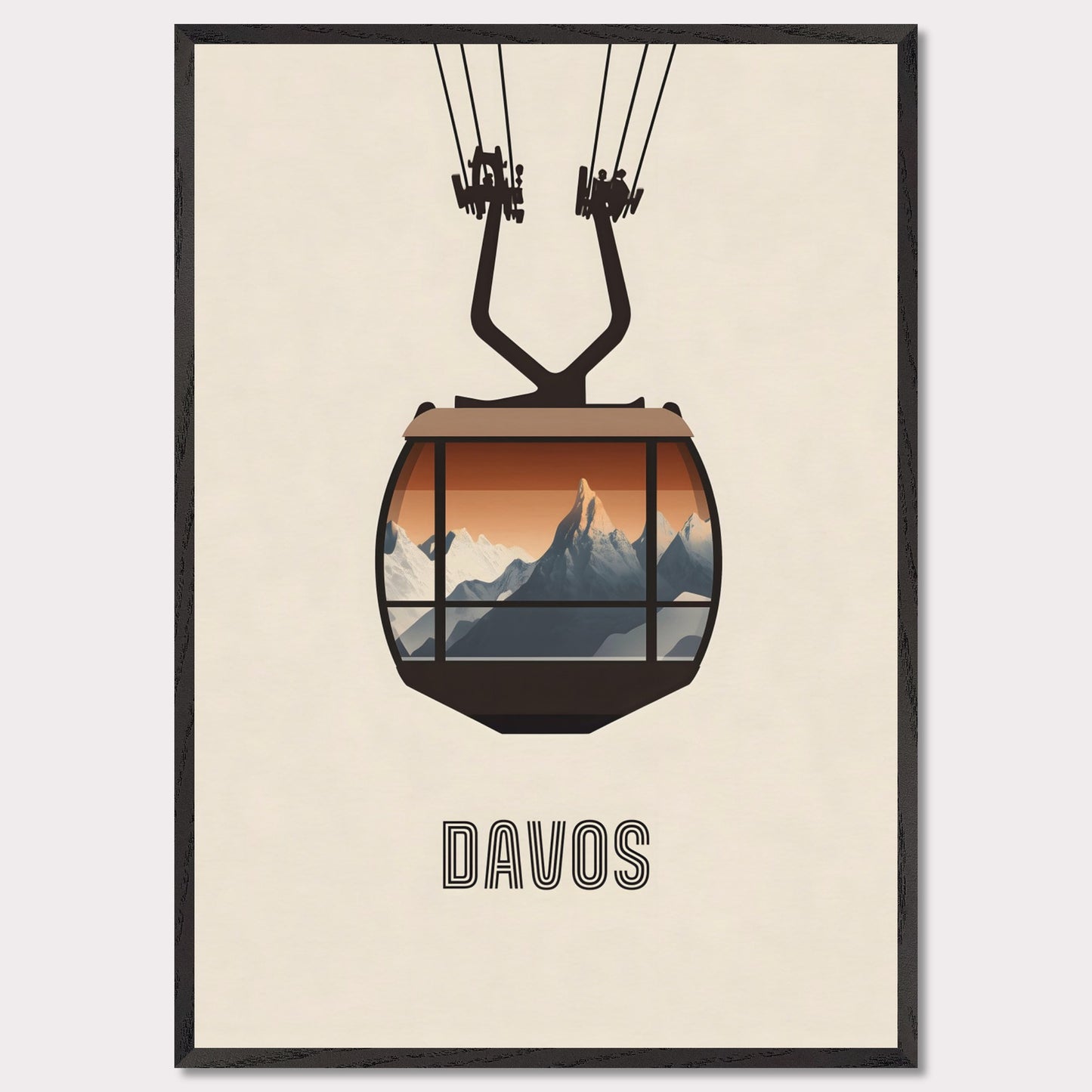 A striking minimalist poster featuring a cable car with a breathtaking view of the Swiss Alps. The warm tones contrast with the cool mountain peaks, evoking the excitement of alpine adventures.