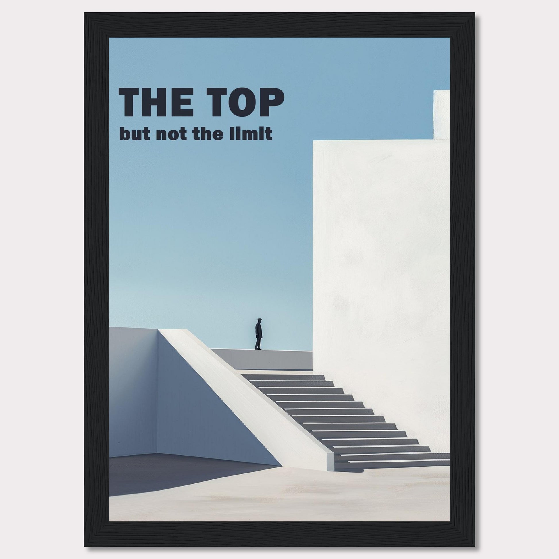 This minimalist poster features a person standing at the top of a staircase, gazing into the horizon. The bold text reads "THE TOP but not the limit," inspiring viewers to reach beyond their perceived boundaries.