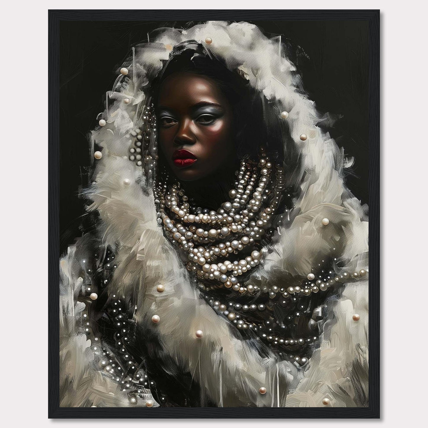 This captivating artwork features a striking portrait of a woman adorned with layers of pearls and white feathers. The dark background accentuates her luminous skin and bold red lips, creating a dramatic contrast. The intricate details of the pearls and feathers add a sense of luxury and elegance to the piece.