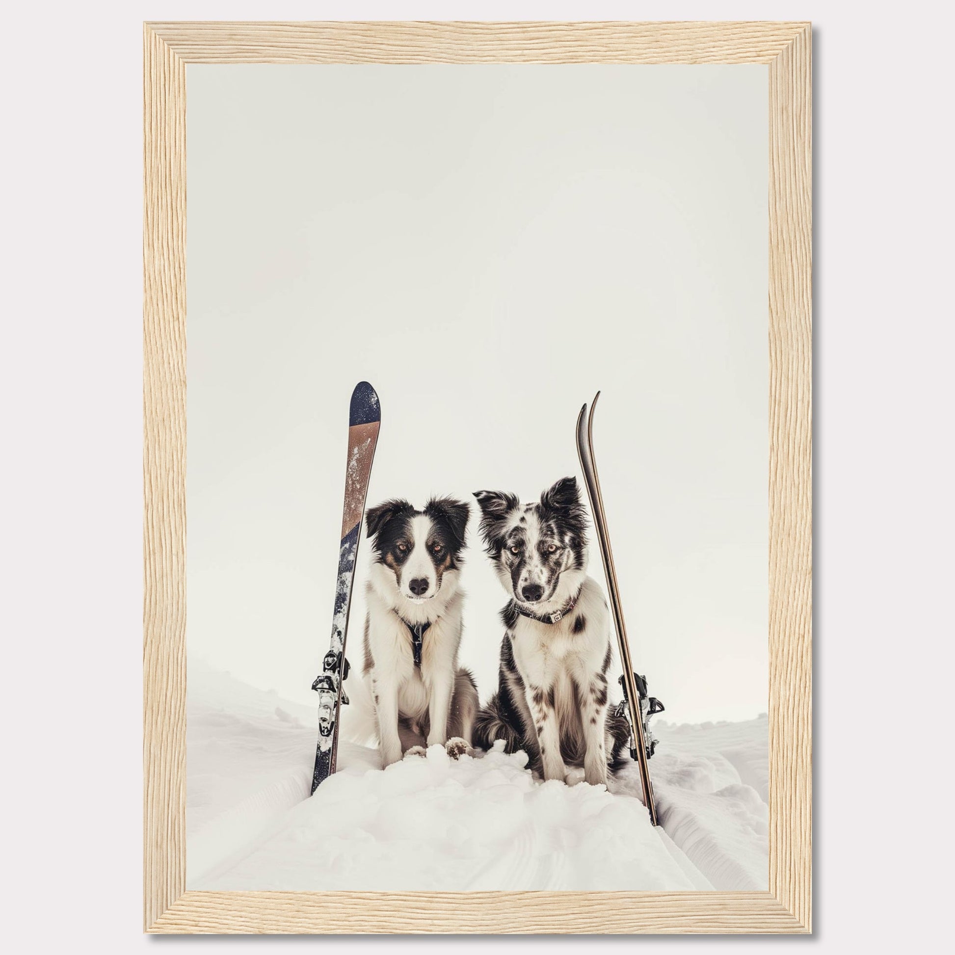 This charming photo captures two adorable dogs sitting in the snow with skis beside them, evoking a sense of adventure and playfulness. The scene is set against a serene snowy backdrop, highlighting the dogs and their playful expressions.