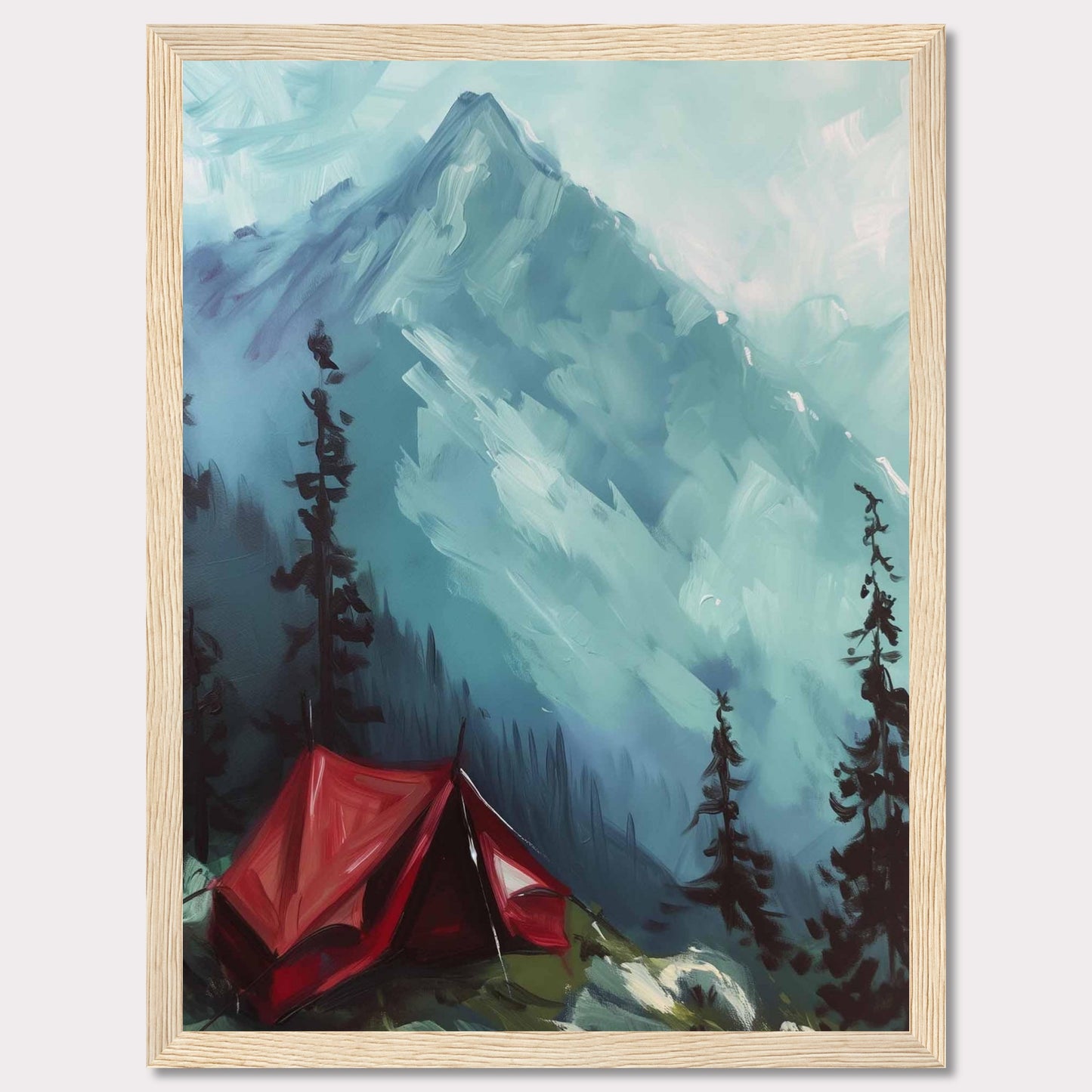 This captivating painting depicts a serene mountain landscape with a vibrant red tent pitched among tall pine trees. The majestic mountain in the background is shrouded in mist, adding a sense of mystery and tranquility to the scene. The contrast between the bold red tent and the cool blue tones of the mountain creates a striking visual effect.