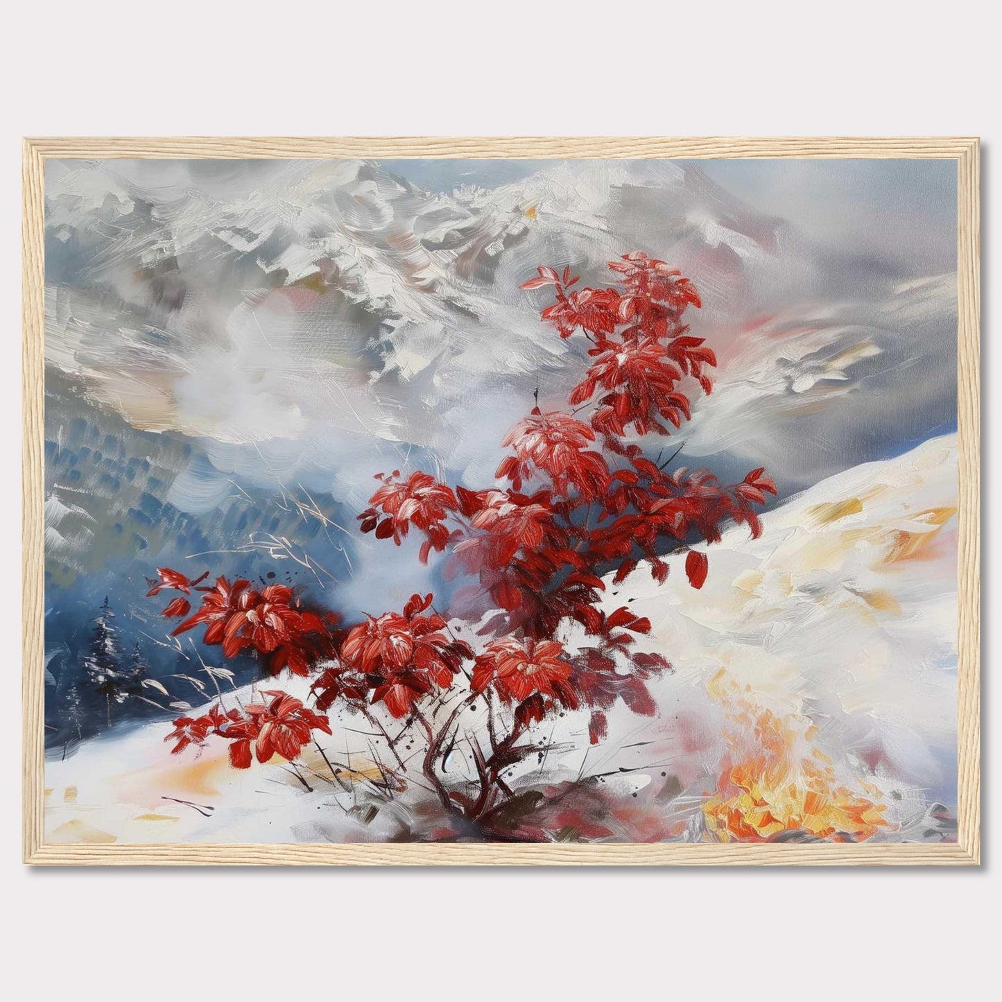 This captivating painting features a vibrant red bush standing out against a serene, snowy landscape. The background showcases majestic mountains partially obscured by mist, adding depth and mystery to the scene. The contrast between the fiery red leaves and the cool, muted tones of the snow and sky creates a striking visual effect.