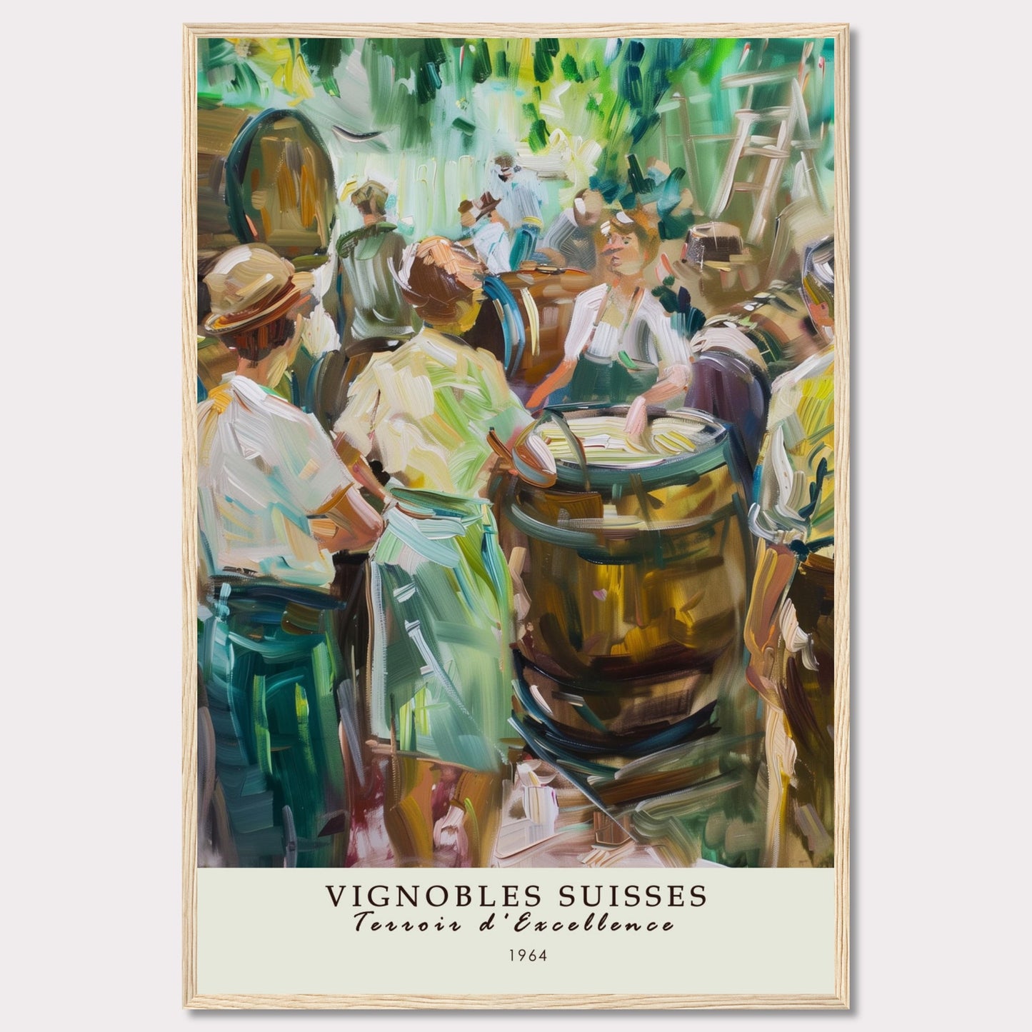 This vibrant painting captures a lively scene of people gathered around wine barrels, reflecting the rich tradition of Swiss vineyards.