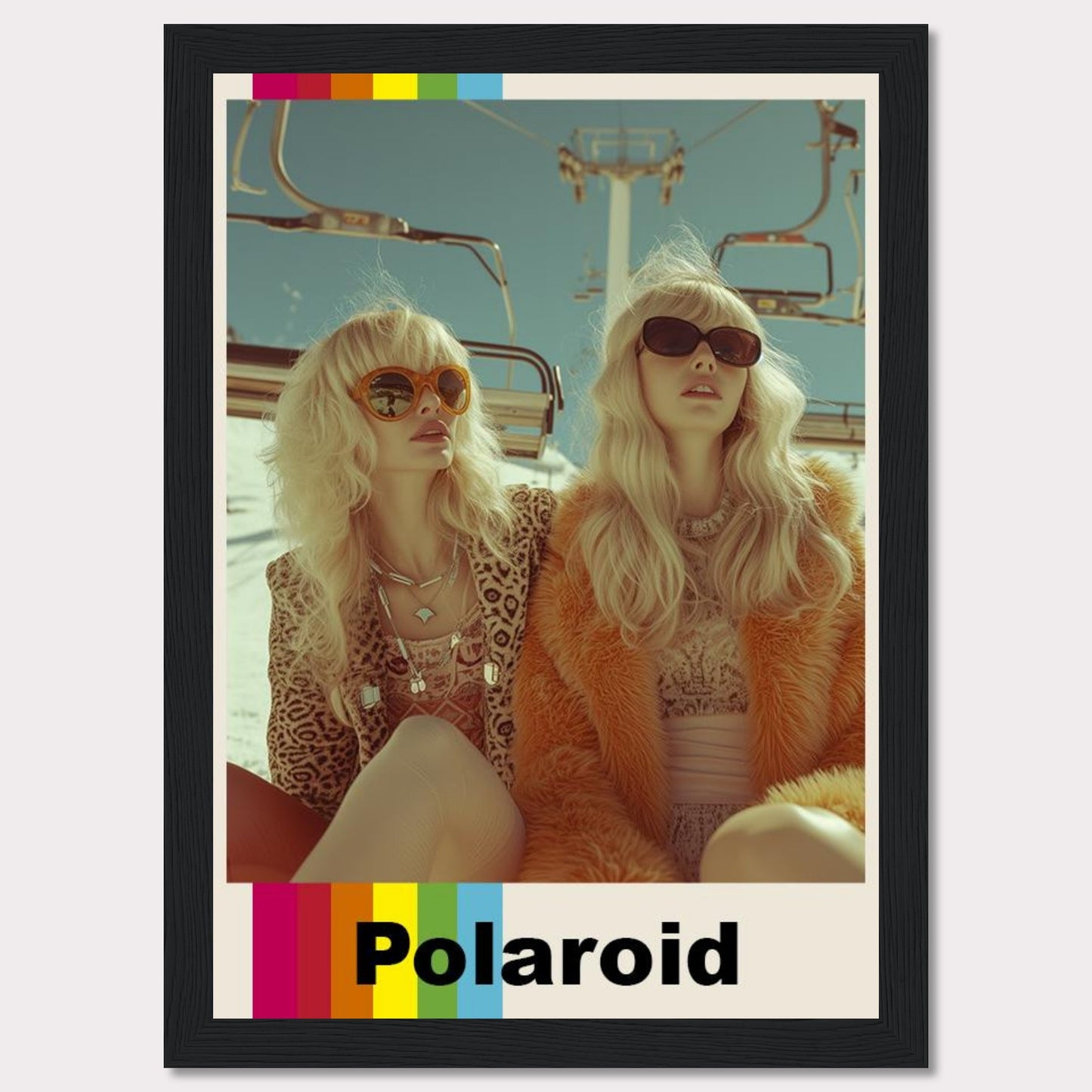 This vibrant Polaroid poster captures two stylish women wearing retro outfits and sunglasses, enjoying a sunny day on a ski lift.