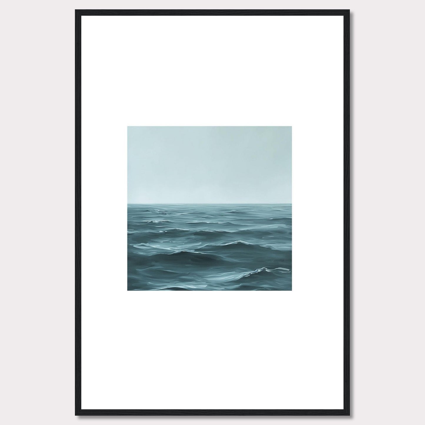 This serene artwork captures the vastness of the ocean, inviting a sense of calm and tranquility into any space. The painting features gentle waves under a soft, misty sky, framed elegantly in black.